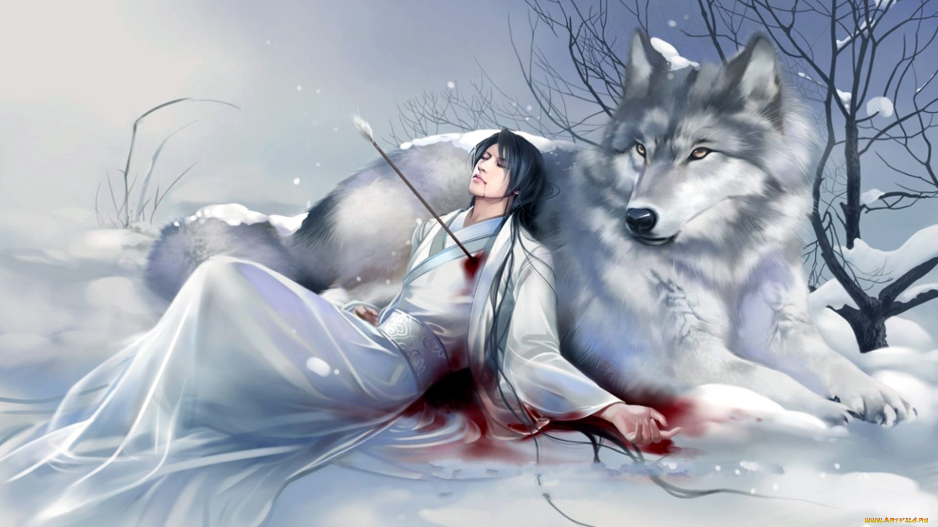 фэнтези, люди, волк, мужчина, стрела, рана, кровь