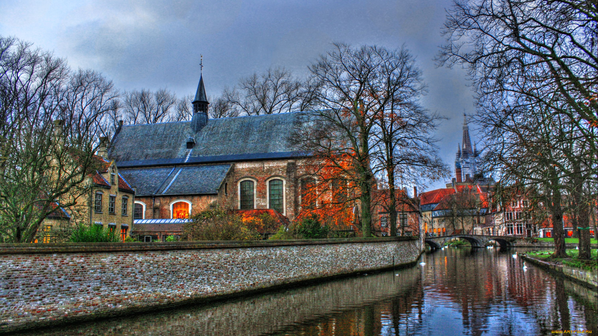 города, брюгге, бельгия, канал, вода, здания, деревья