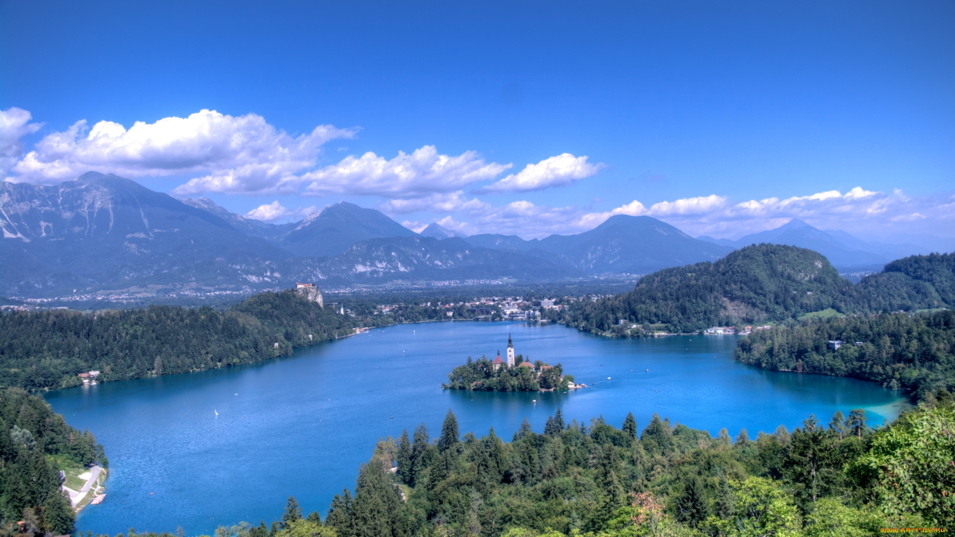 озеро, блед, словения, города, церковь, деревья, горы