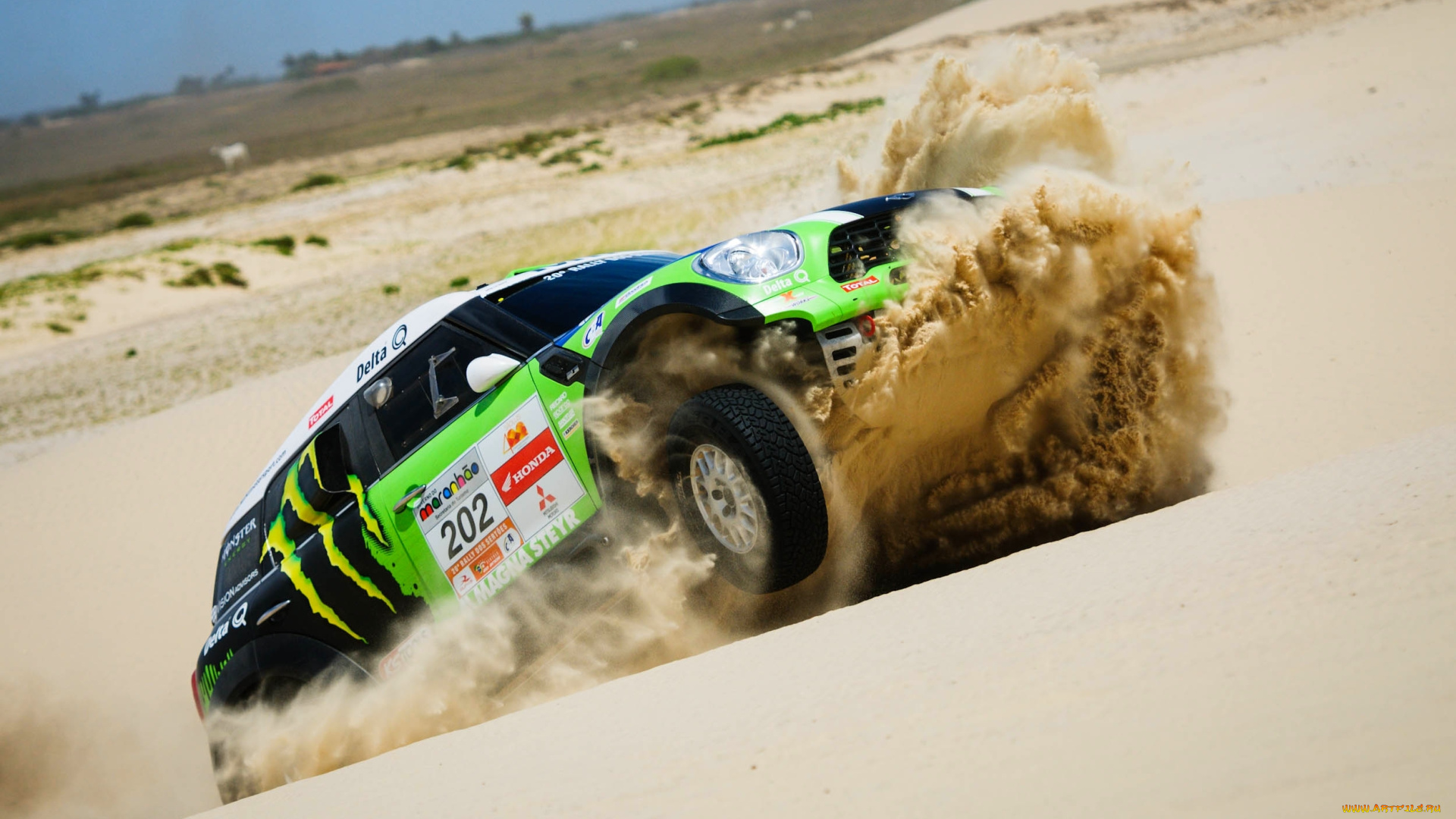 спорт, авторалли, песок, скорость, зеленый, rally, x-raid, dakar, мини, купер, гонка, дакар