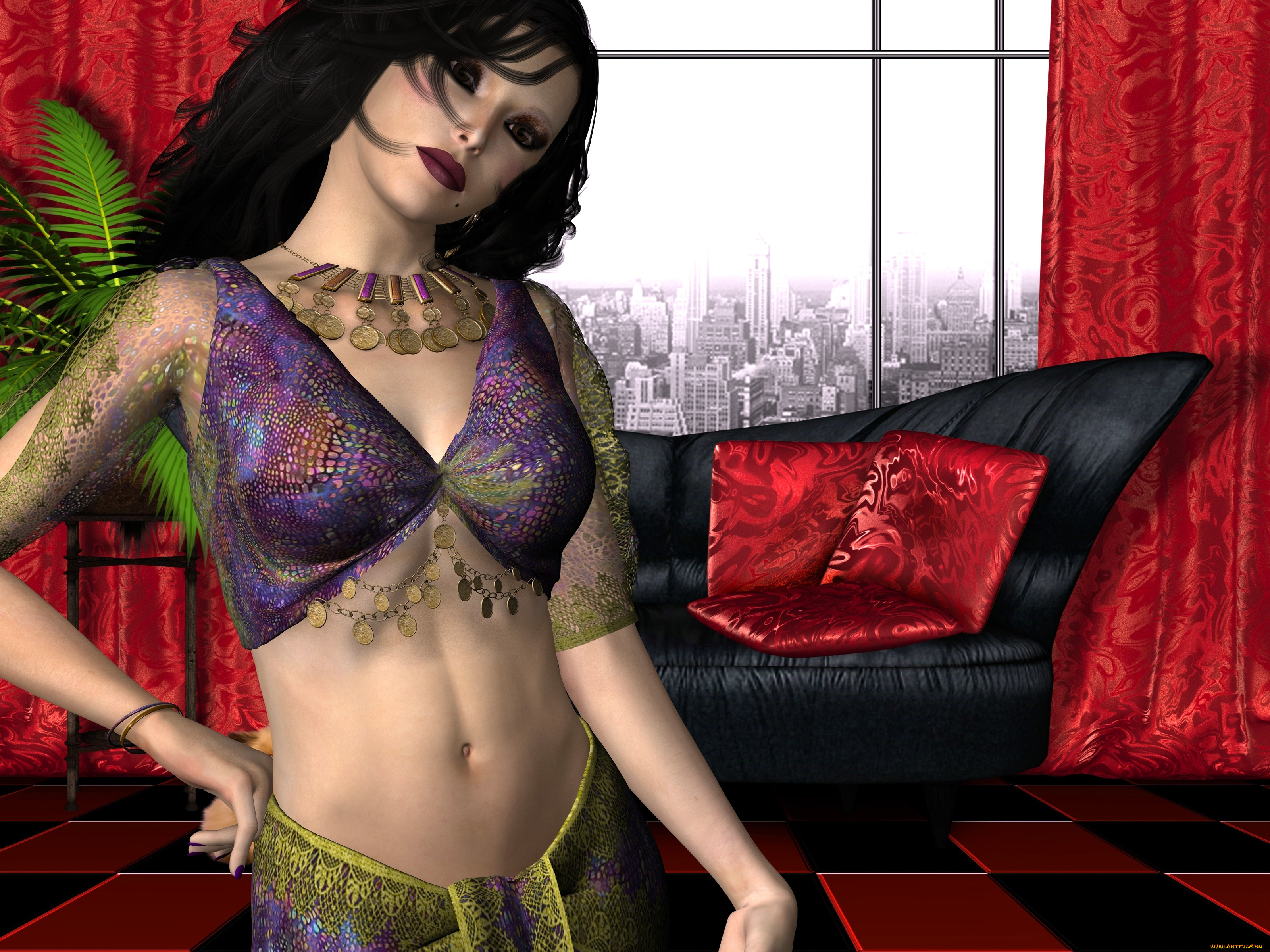 3д, графика, people, люди, диван, подушки