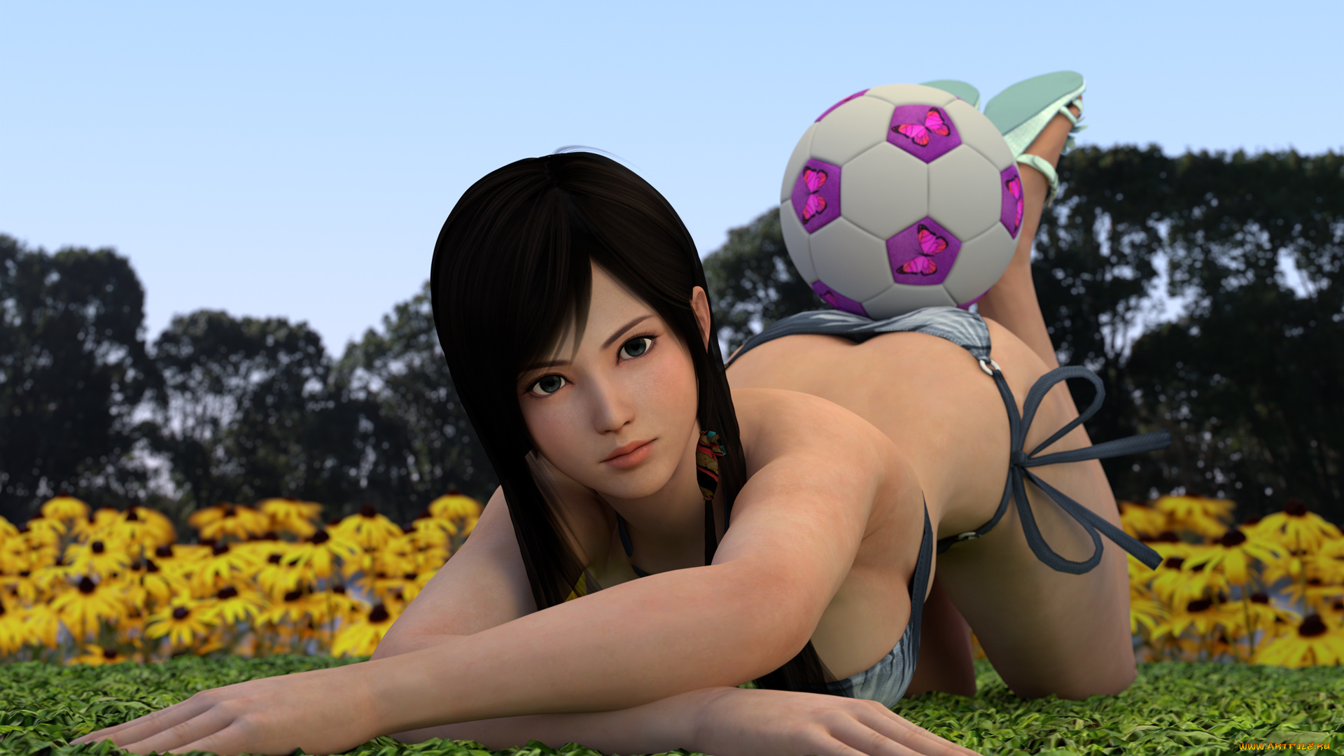 3д, графика, аниме, , anime, трава, мяч, взгляд, девушка