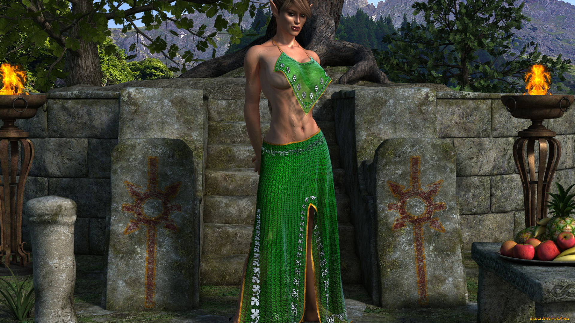 3д, графика, эльфы, , elves, эльфийка, фрукты, взгляд, огонь