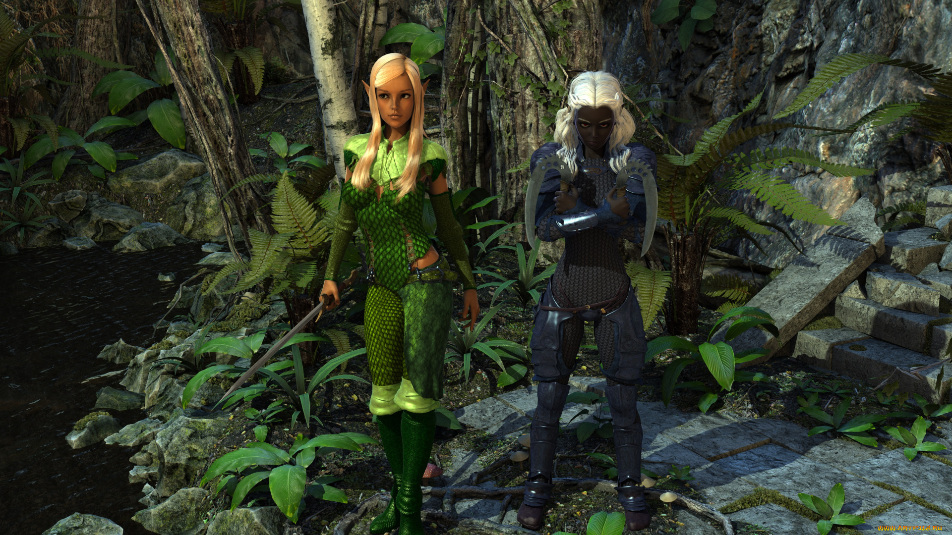 3д, графика, эльфы, , elves, эльфийки, лестница, растение, оружие, лес, взгляд