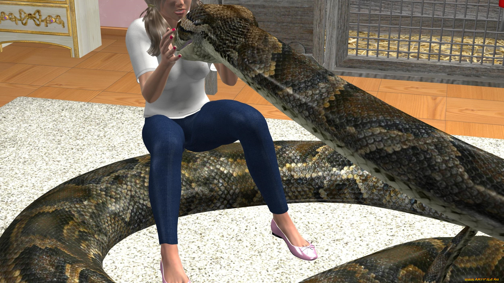 3д, графика, фантазия, , fantasy, девушка, комната, удав