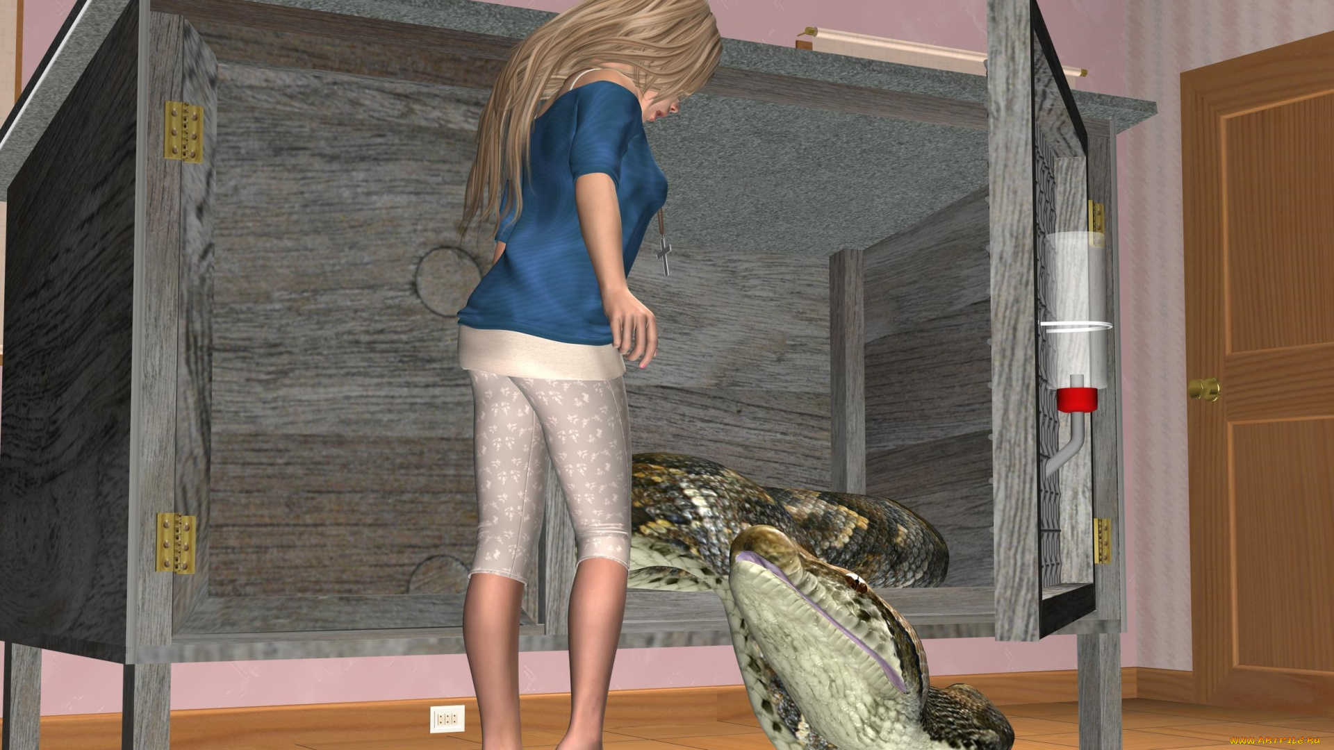 3д, графика, фантазия, , fantasy, удав, девушка, комната