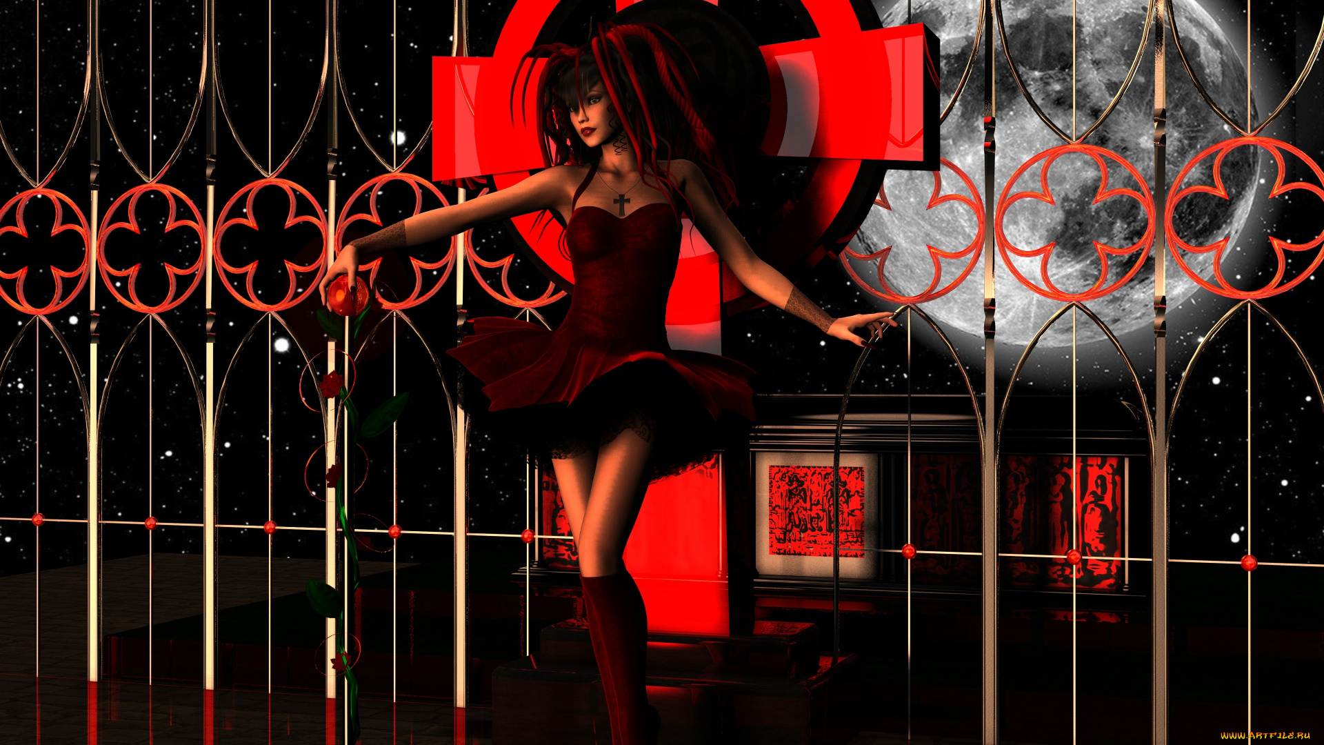 3д, графика, фантазия, , fantasy, взгляд, девушка, ночь, луна