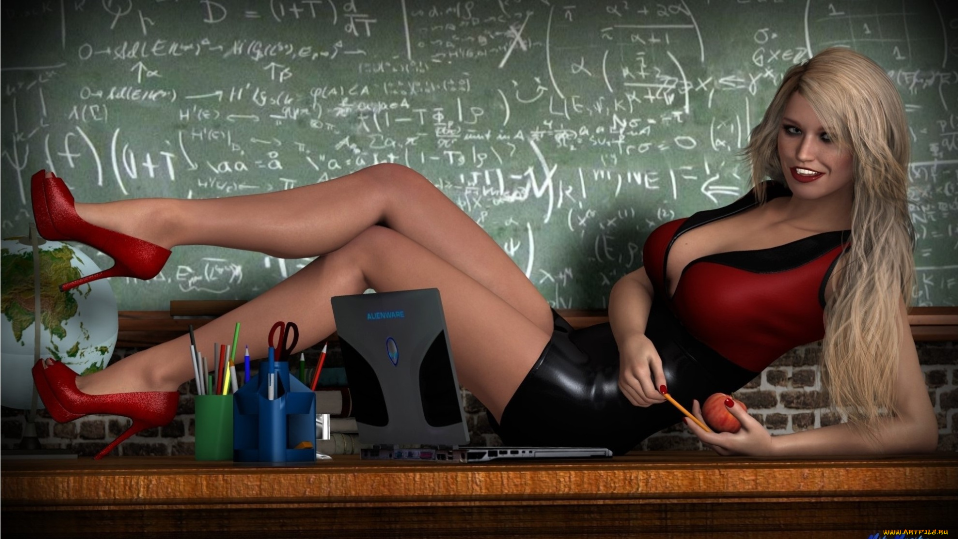 3д, графика, люди, , people, доска, взгляд, девушка, канцтовары, яблоко, улыбка