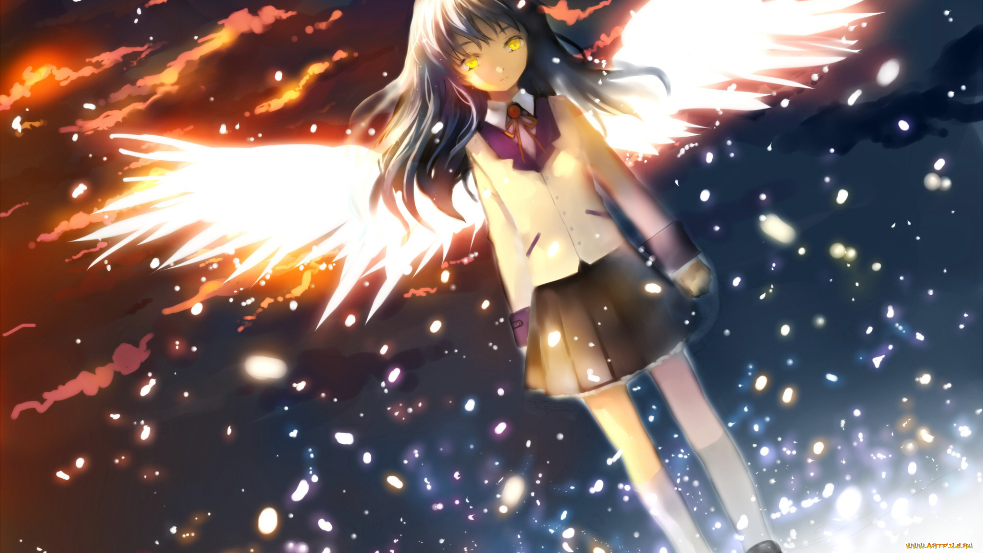 аниме, angel, beats, tachibana, kanade, небо, крылья, мерцание, облака, искры, ангел, девушка