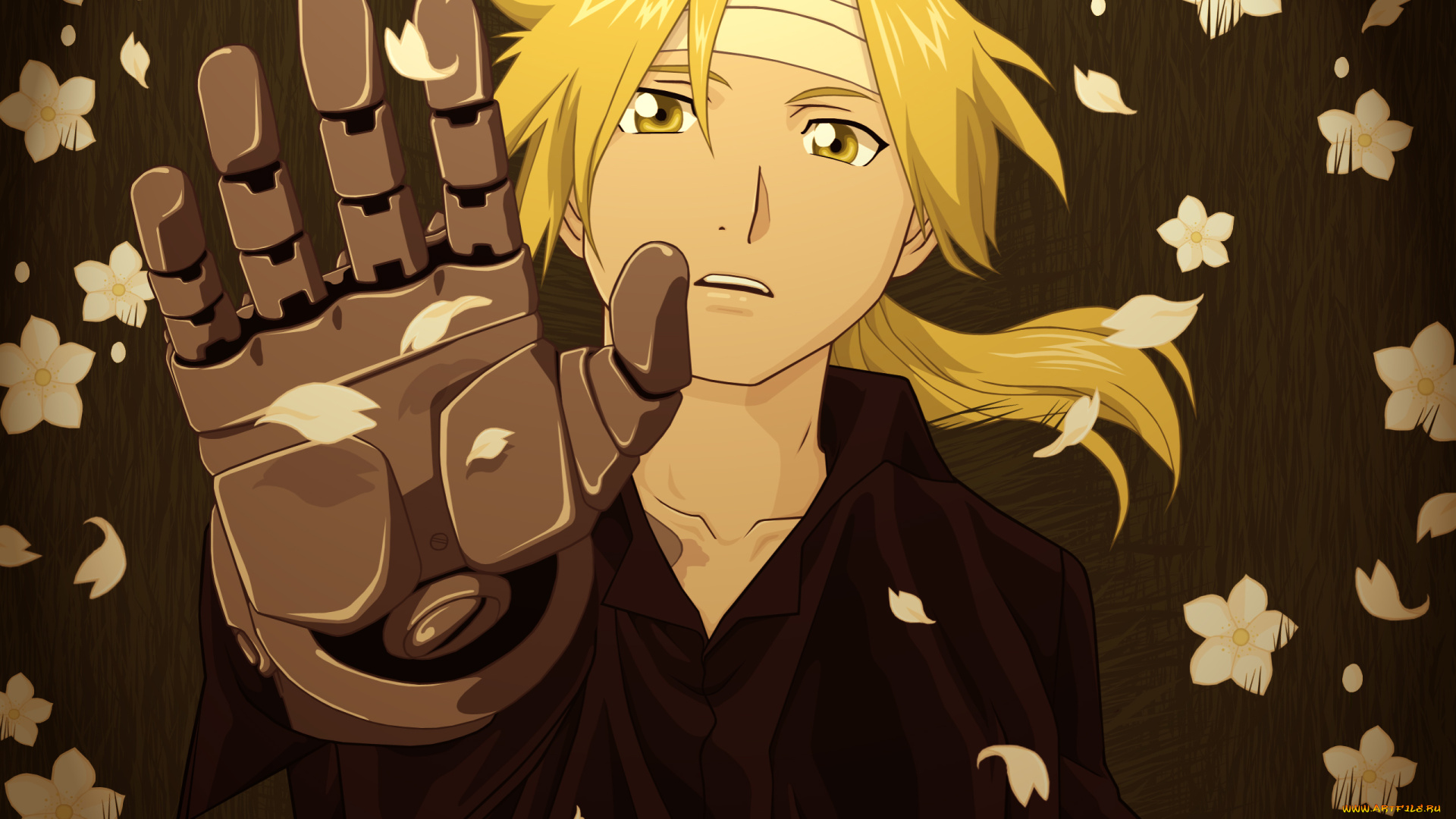 аниме, fullmetal, alchemist, стальная, рука, мужчина, протез, edward, elric, повязка, цветы, бинты, алхимик