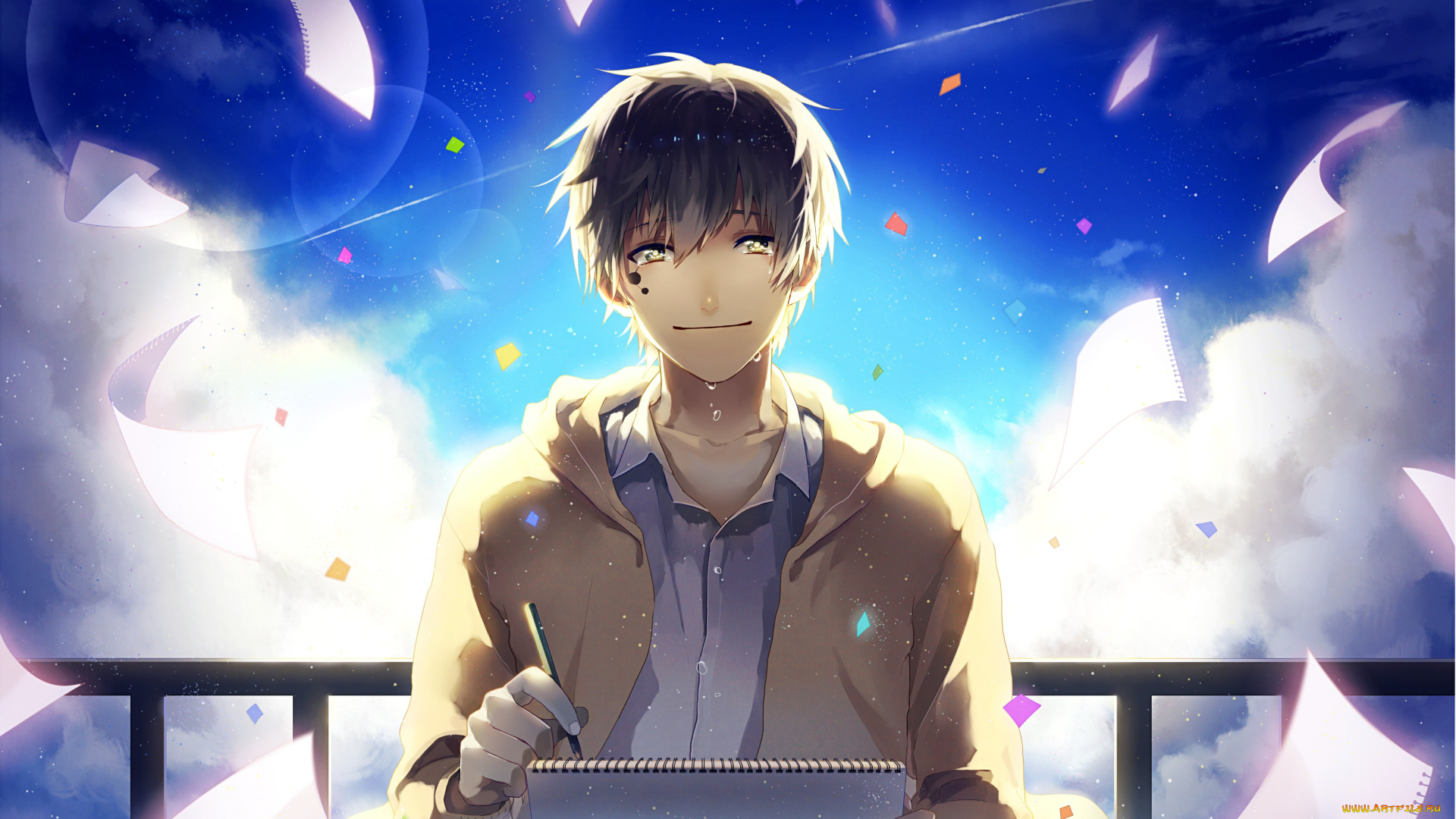 аниме, mekakucity, actors, карандаш, блокнот, kagerou, project, листы, небо, блондин, слёзы, арт, парень