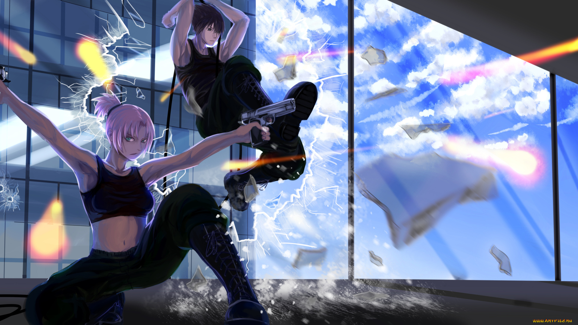 аниме, naruto, прыжок, sasuke, uchiha, осколки, окно, стрельба, пистолеты, саске, сакура, art, sakura, haruno