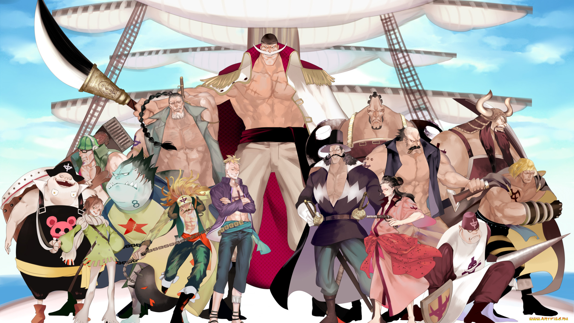 аниме, one, piece, marco, мачта, паруса, пираты, newgate, edward, капитан, оружие, команда, облака, небо, корабль, whitebeard, pirates