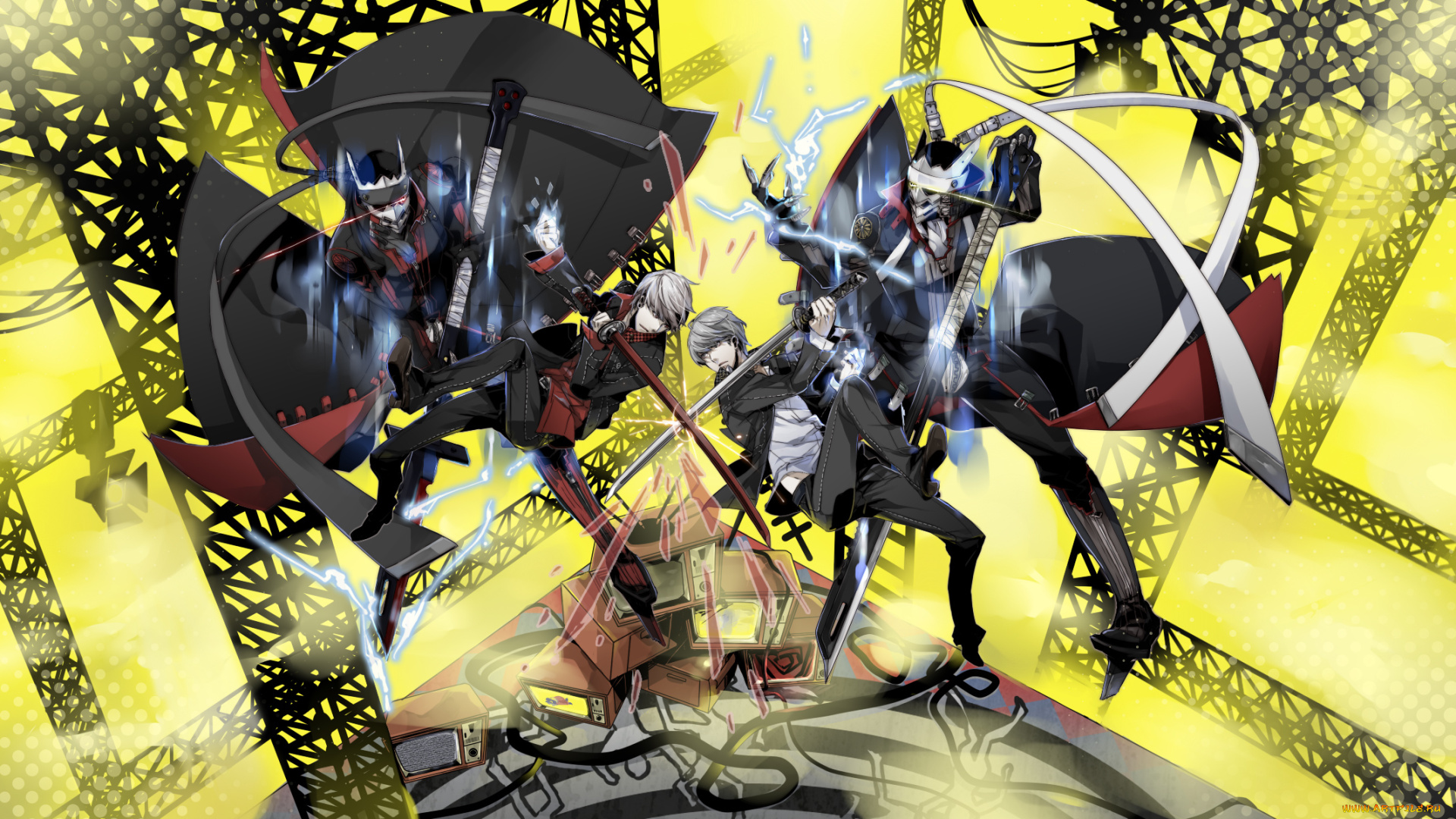 аниме, persona, 4, парни, narukami, yuu, izanagi, роботы, оружие