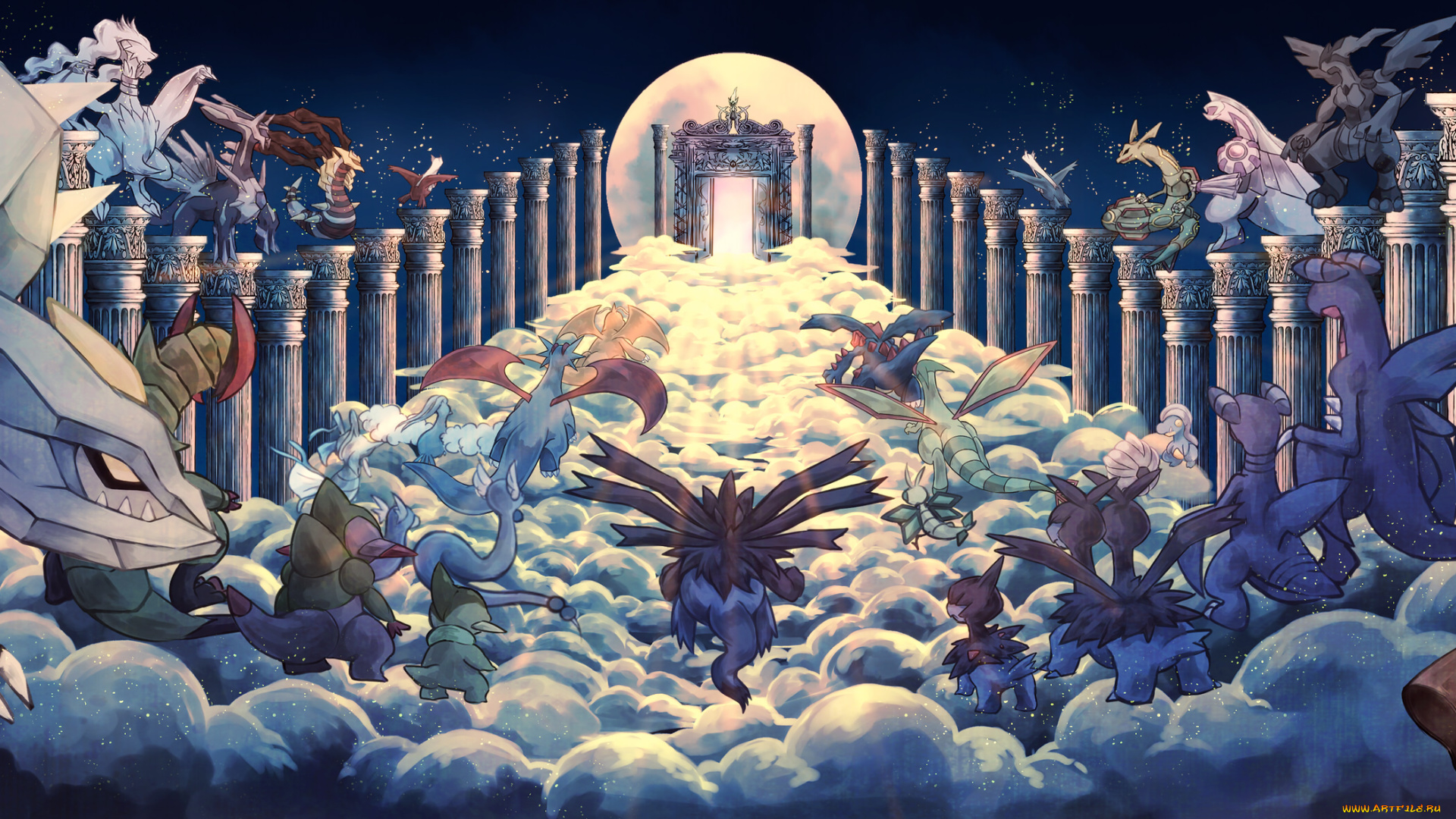 аниме, pokemon, колонны, парень, пара, облака, девушка, лучи, арт, покемоны