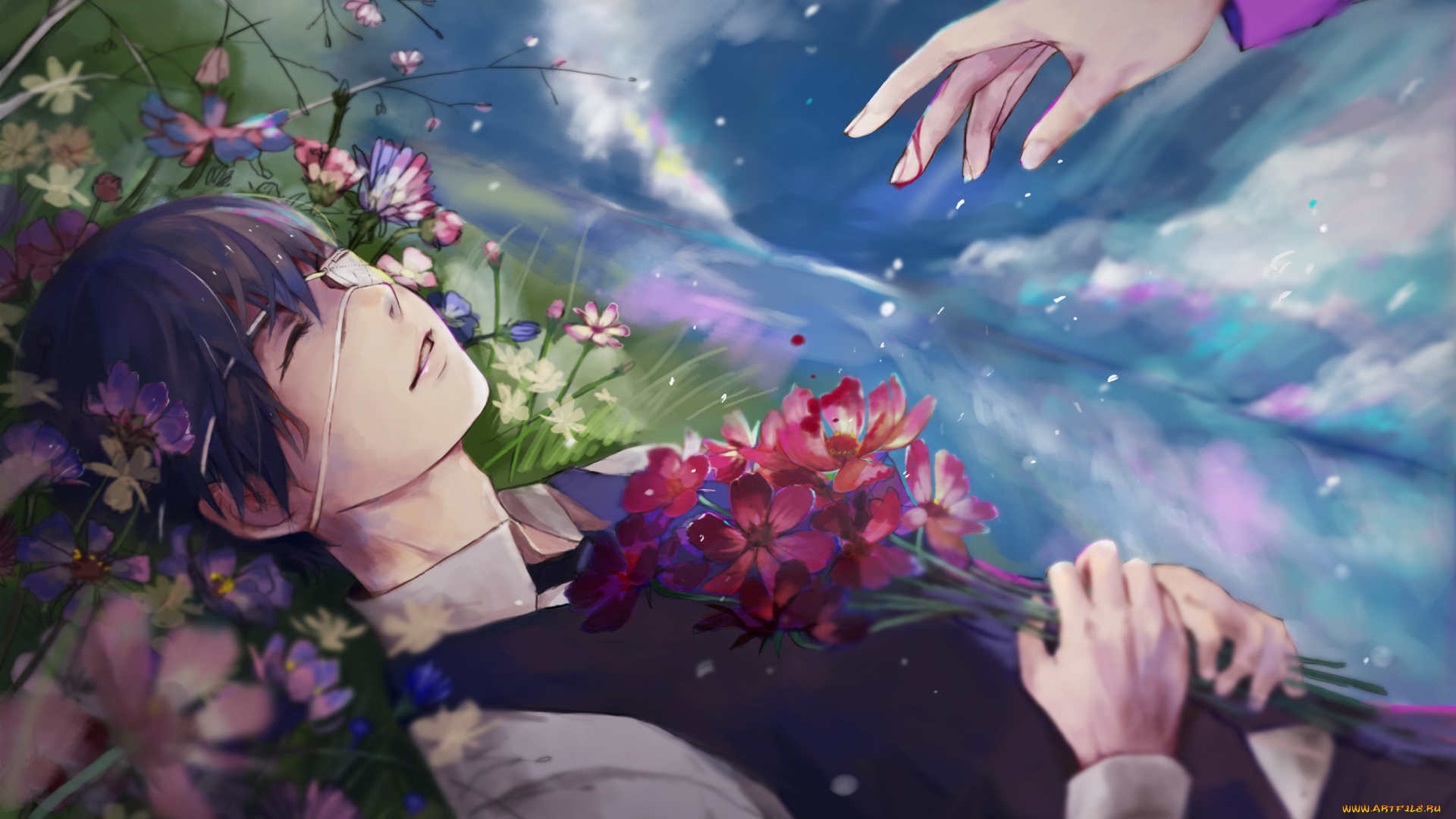 аниме, tokyo, ghoul, ruoyuwang, цветы, небо, дождь, парень, tokyo, ghoul, kaneki, ken, токийский, гуль, улыбка, облака, ringo, арт, повязка, рука