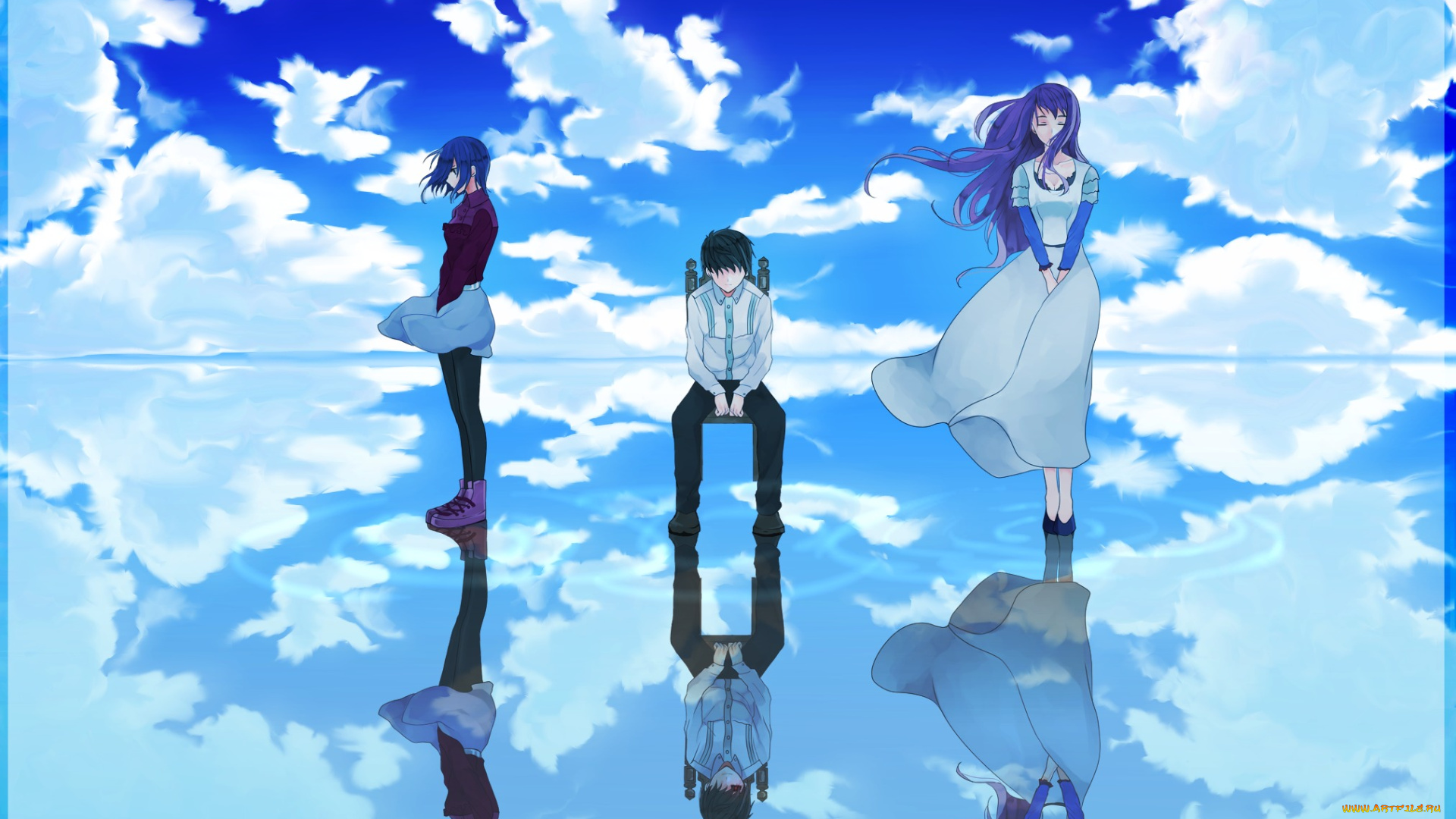 аниме, tokyo, ghoul, tokyo, ghoul, токийский, гуль, девушки, арт, парень, облака, небо, отражение, вода, kamishiro, rize, kirishima, touka, merujine, kaneki, ken