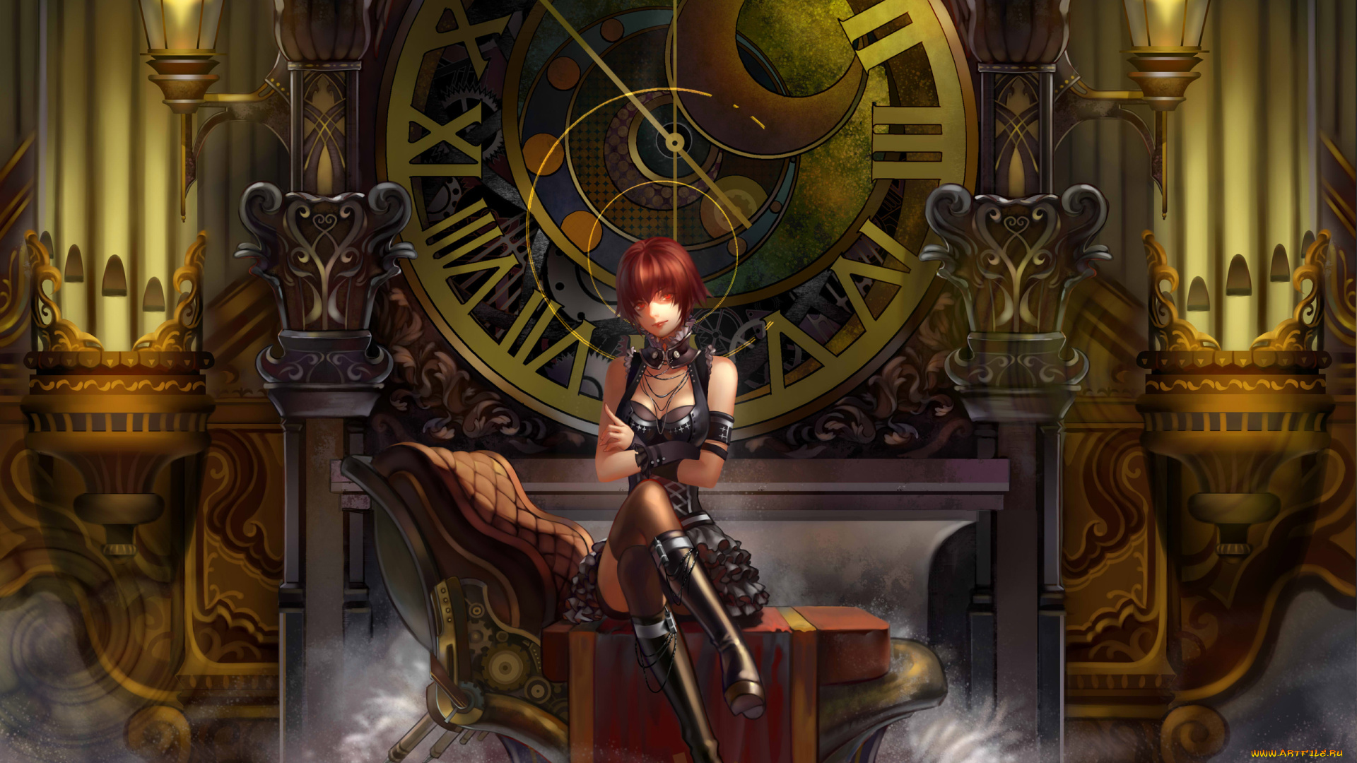 аниме, *unknown, , другое, фонарь, лампа, кресло, девушка, луна, колонна, шестеренки, трубы, fenbei, стрелки, часы, диван