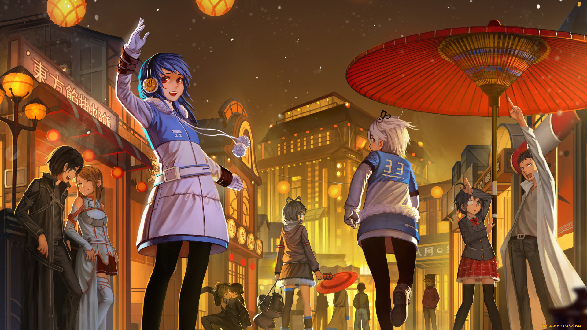 аниме, *unknown, , другое, sword, art, online, gintama, арт, ночь, улица, фонари, парни, девушки, разное