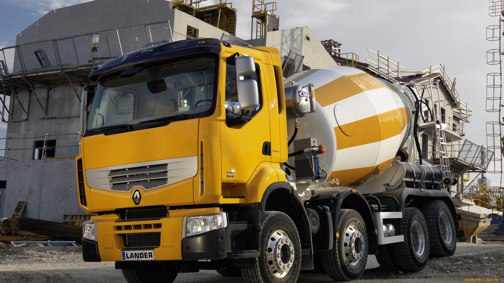 автомобили, renault, trucks, желтый, mixer, 8x4, lander, premium, renault