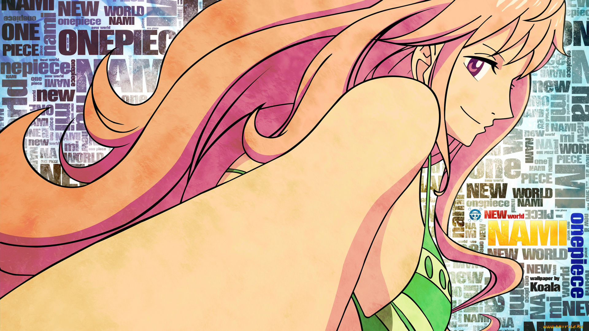 by, koala, аниме, one, piece, надпись, девушка, nami, купальник, улыбка