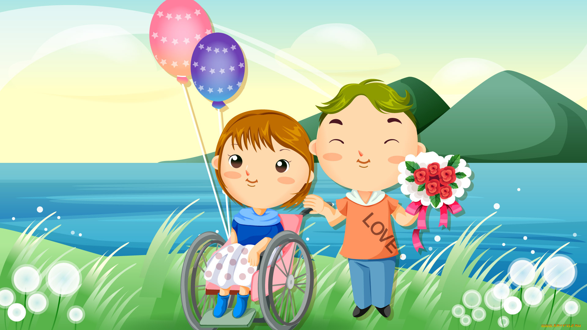 векторная, графика, мультфильмы, горы, девочка, мальчик