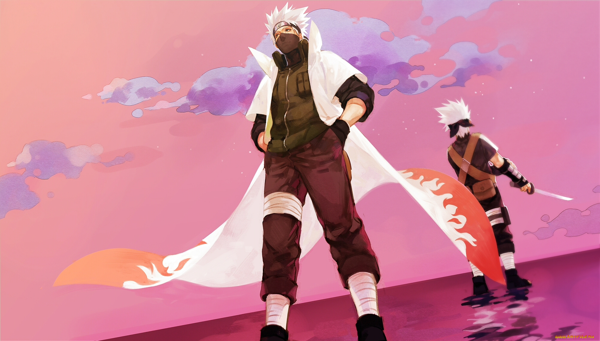 аниме, naruto, закат, облака, море, kakashi, hatake, art