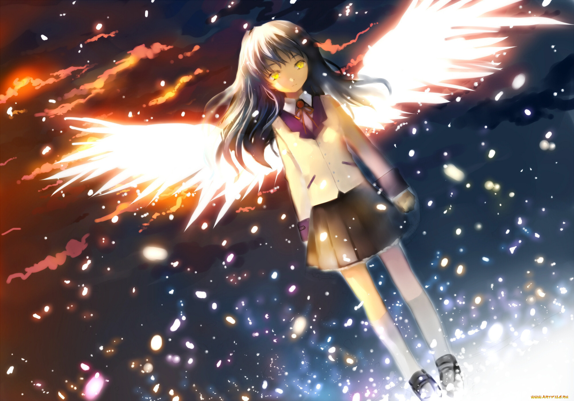 аниме, angel, beats, tachibana, kanade, небо, крылья, мерцание, облака, искры, ангел, девушка