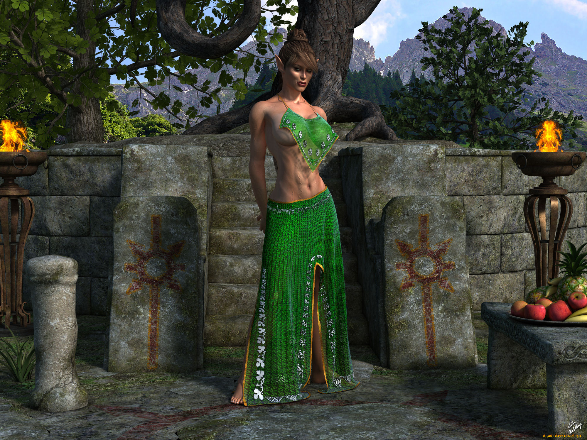 3д, графика, эльфы, , elves, эльфийка, фрукты, взгляд, огонь