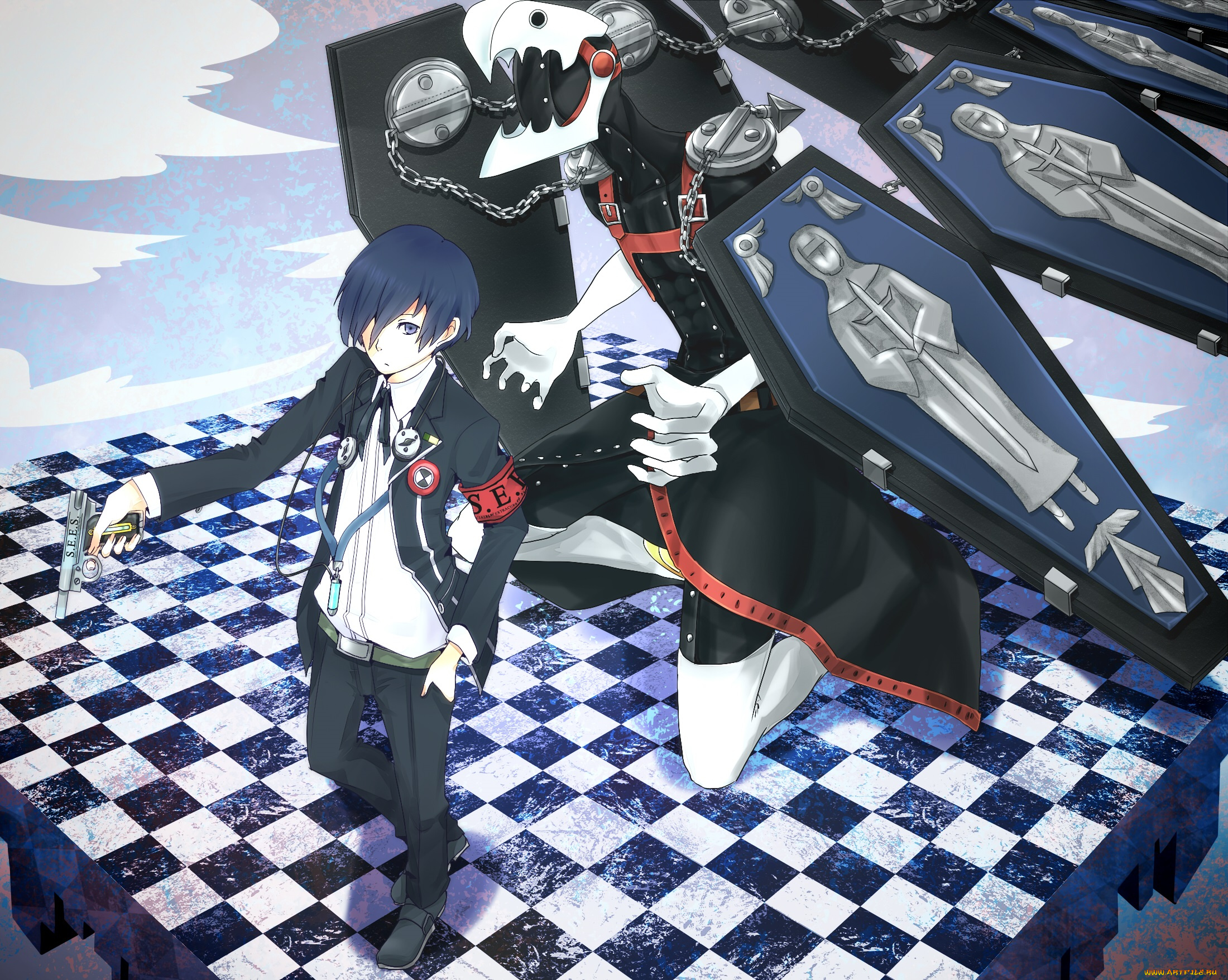 аниме, persona, арт, ромбы, робот, парень