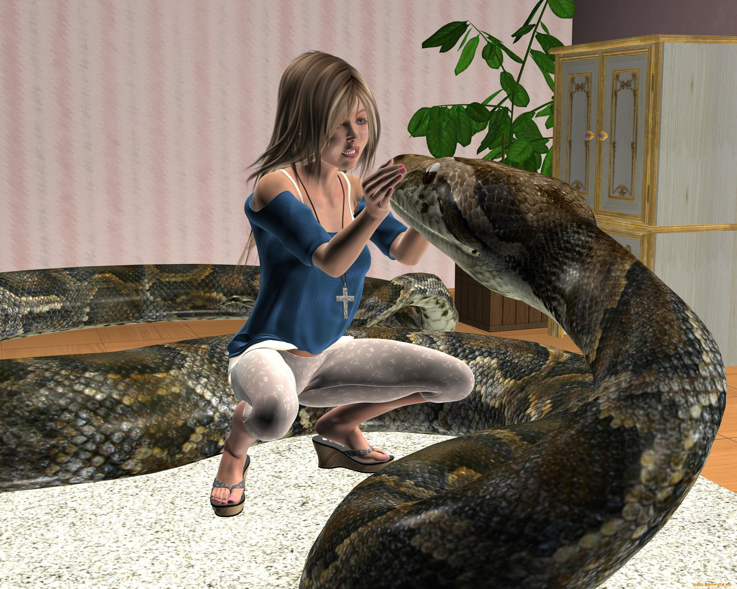 3д, графика, фантазия, , fantasy, комната, удав, девушка