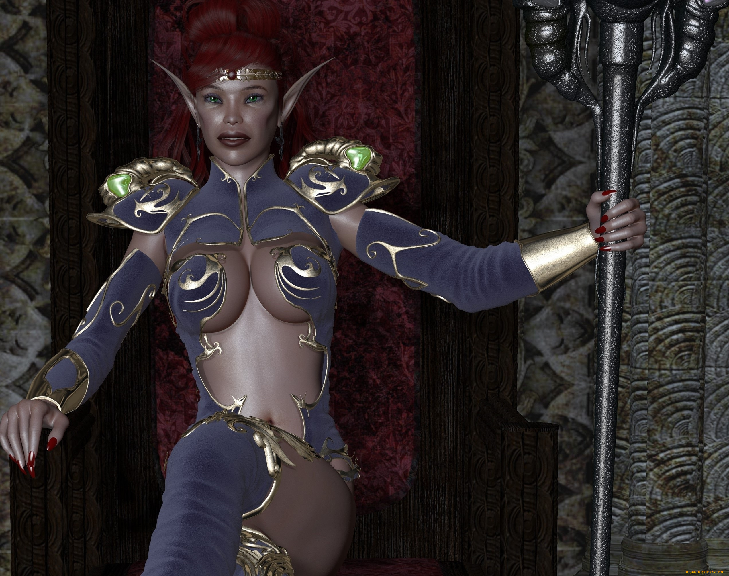 3д, графика, эльфы, , elves, взгляд, эльфийка, жезл, доспехи