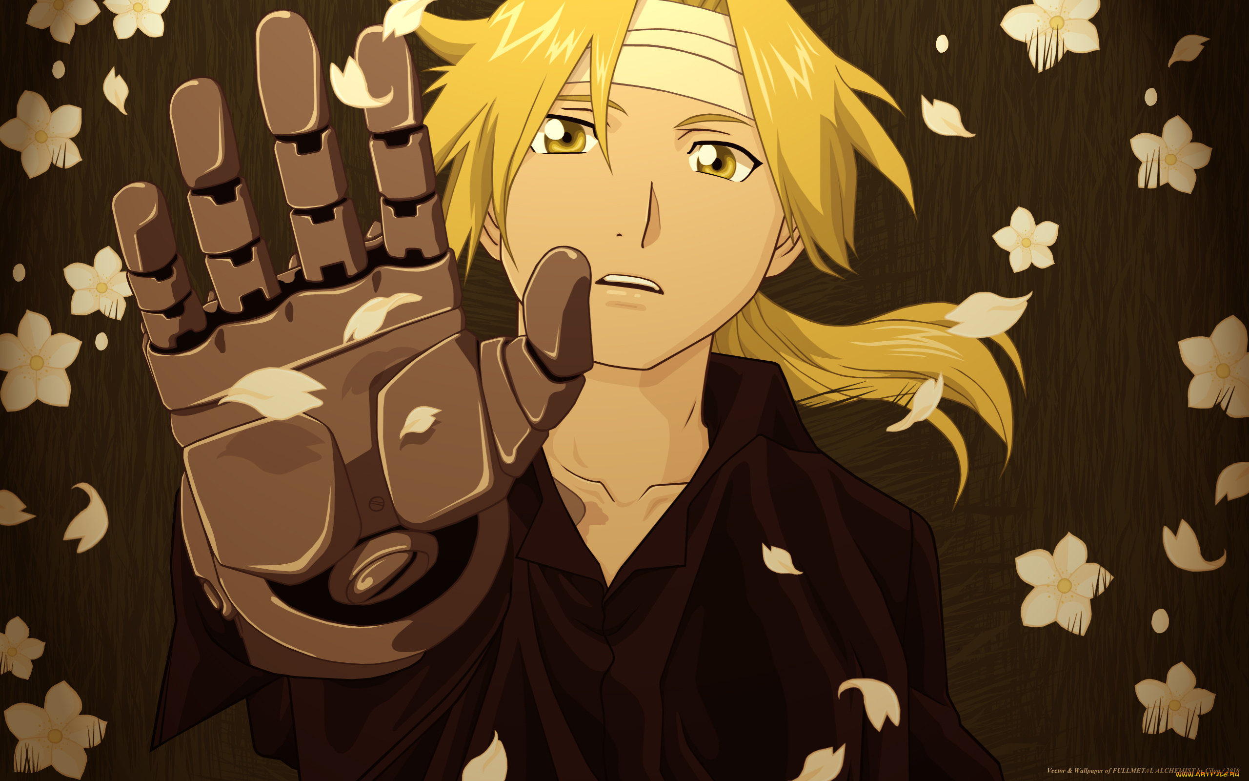 аниме, fullmetal, alchemist, стальная, рука, мужчина, протез, edward, elric, повязка, цветы, бинты, алхимик