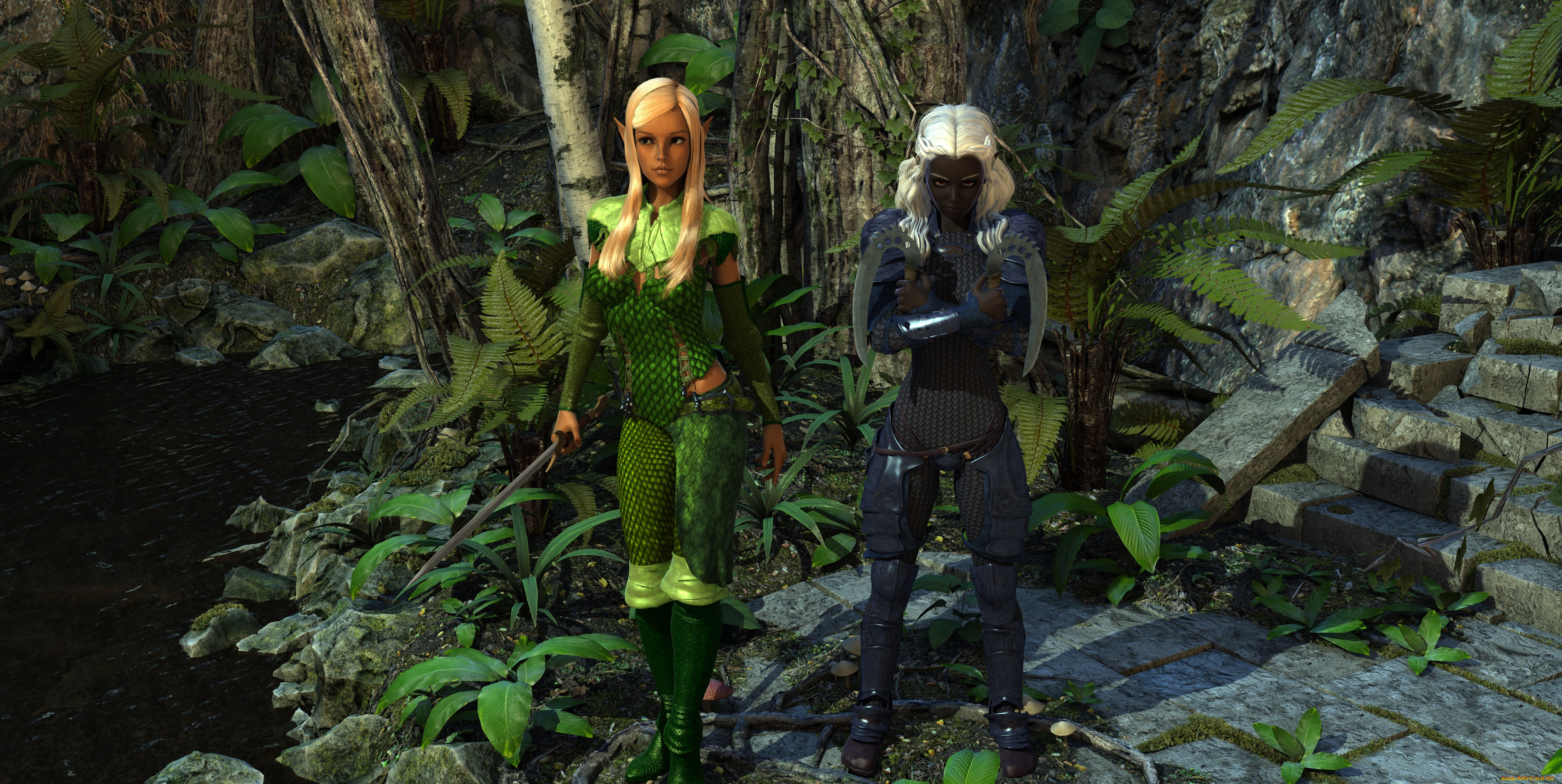 3д, графика, эльфы, , elves, эльфийки, лестница, растение, оружие, лес, взгляд