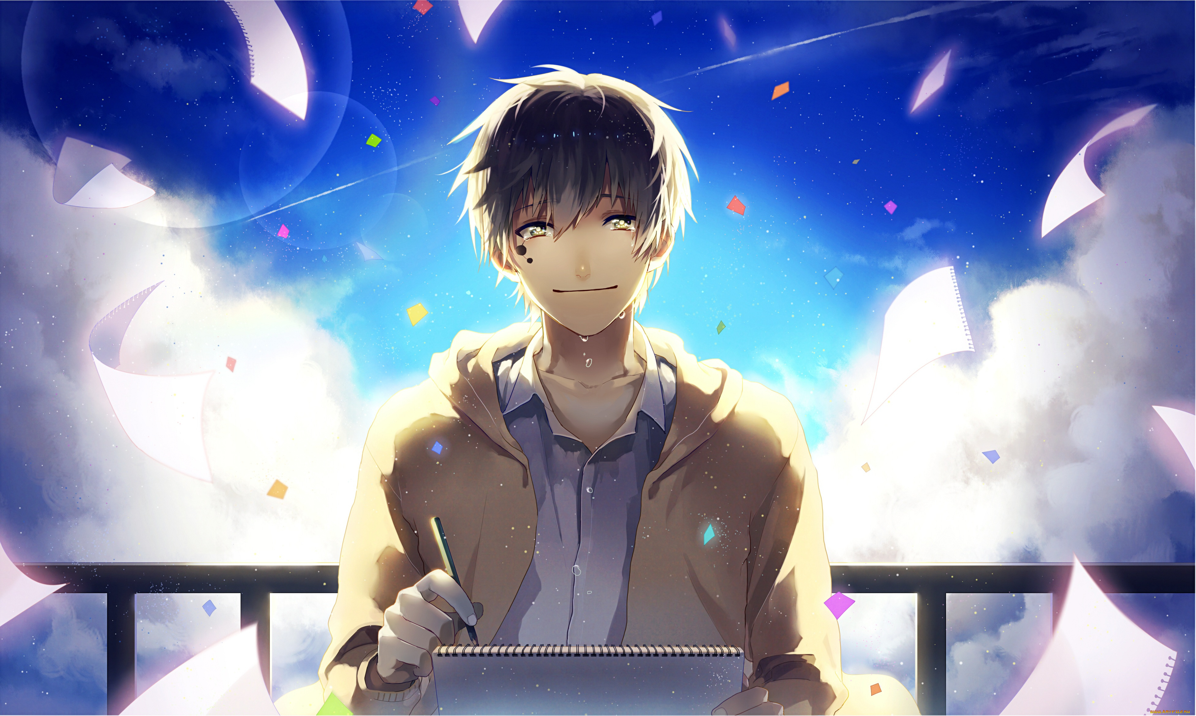 аниме, mekakucity, actors, карандаш, блокнот, kagerou, project, листы, небо, блондин, слёзы, арт, парень