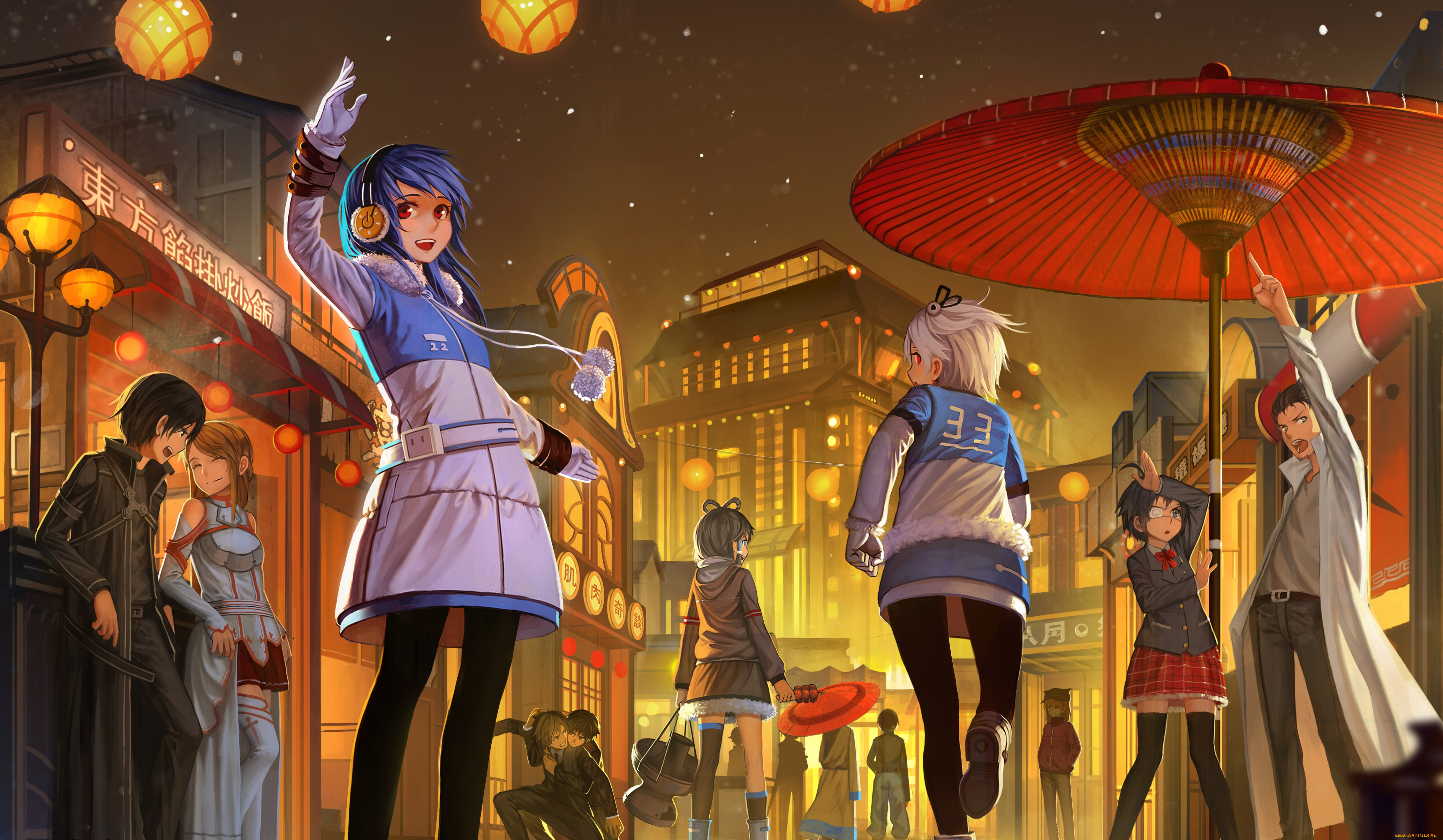 аниме, *unknown, , другое, sword, art, online, gintama, арт, ночь, улица, фонари, парни, девушки, разное