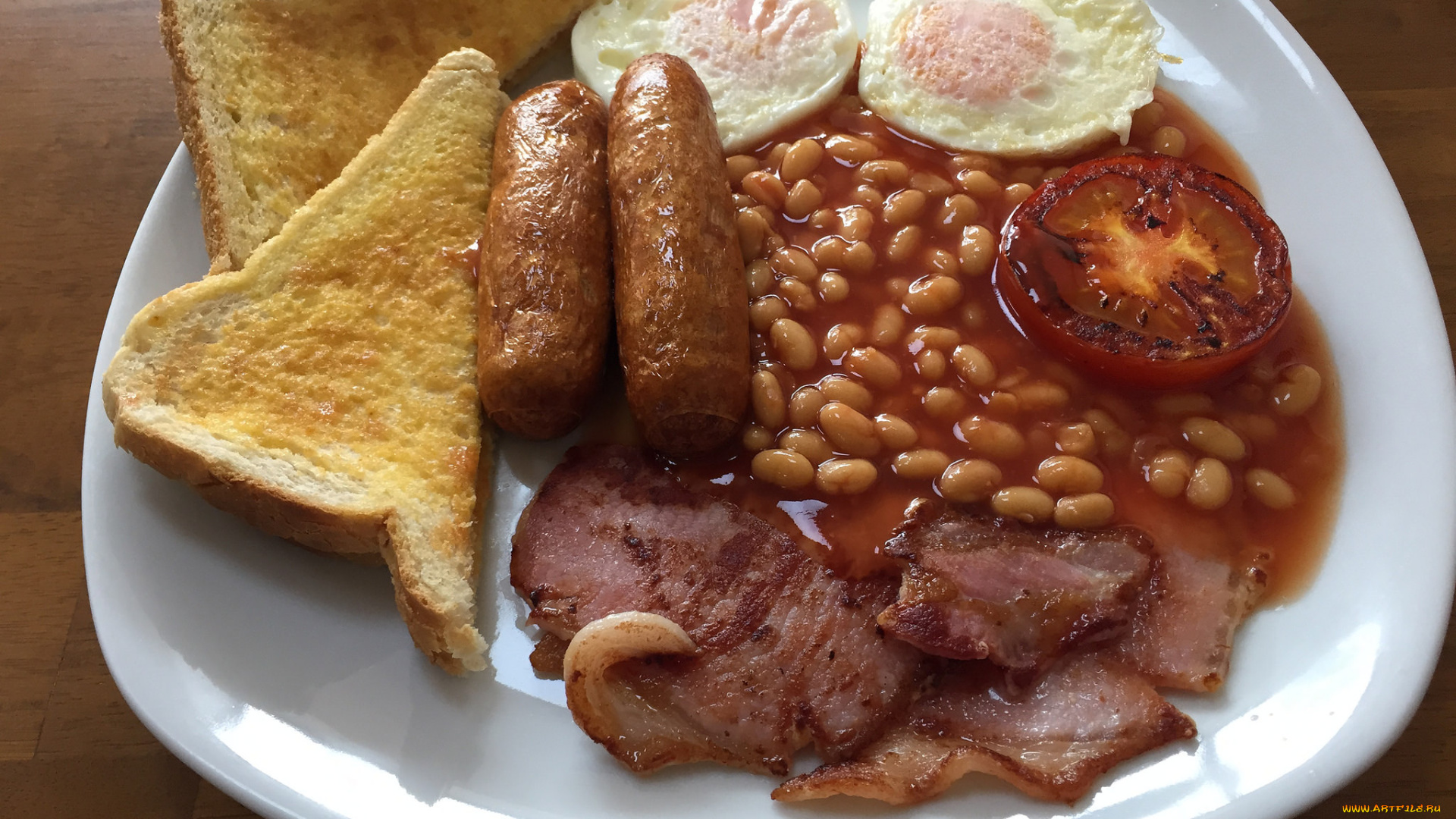 еда, вторые, блюда, колбаски, яйца, бекон, фасоль