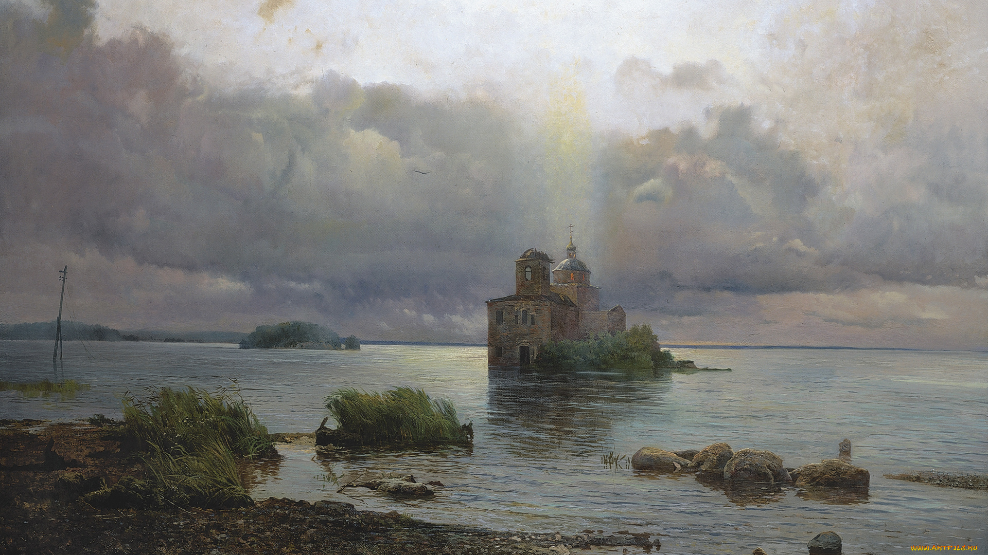 голгофа, русского, севера, рисованное, александр, афонин, монастырь, тучи, берег, камни, трава, озеро