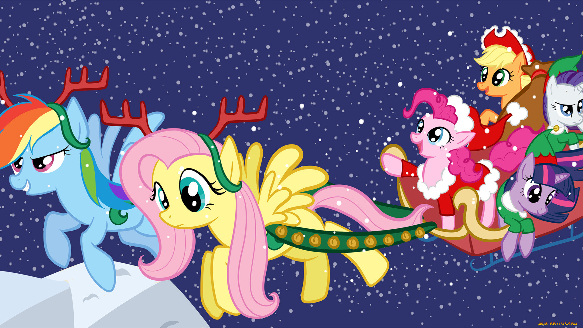 мультфильмы, my, little, pony, фон, санки, пони