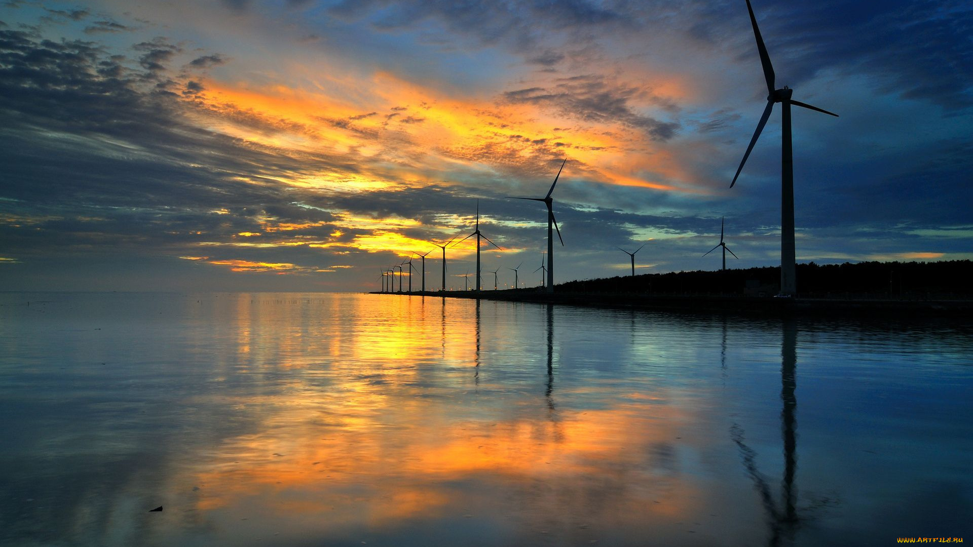 разное, мельницы, закат, облака, озеро