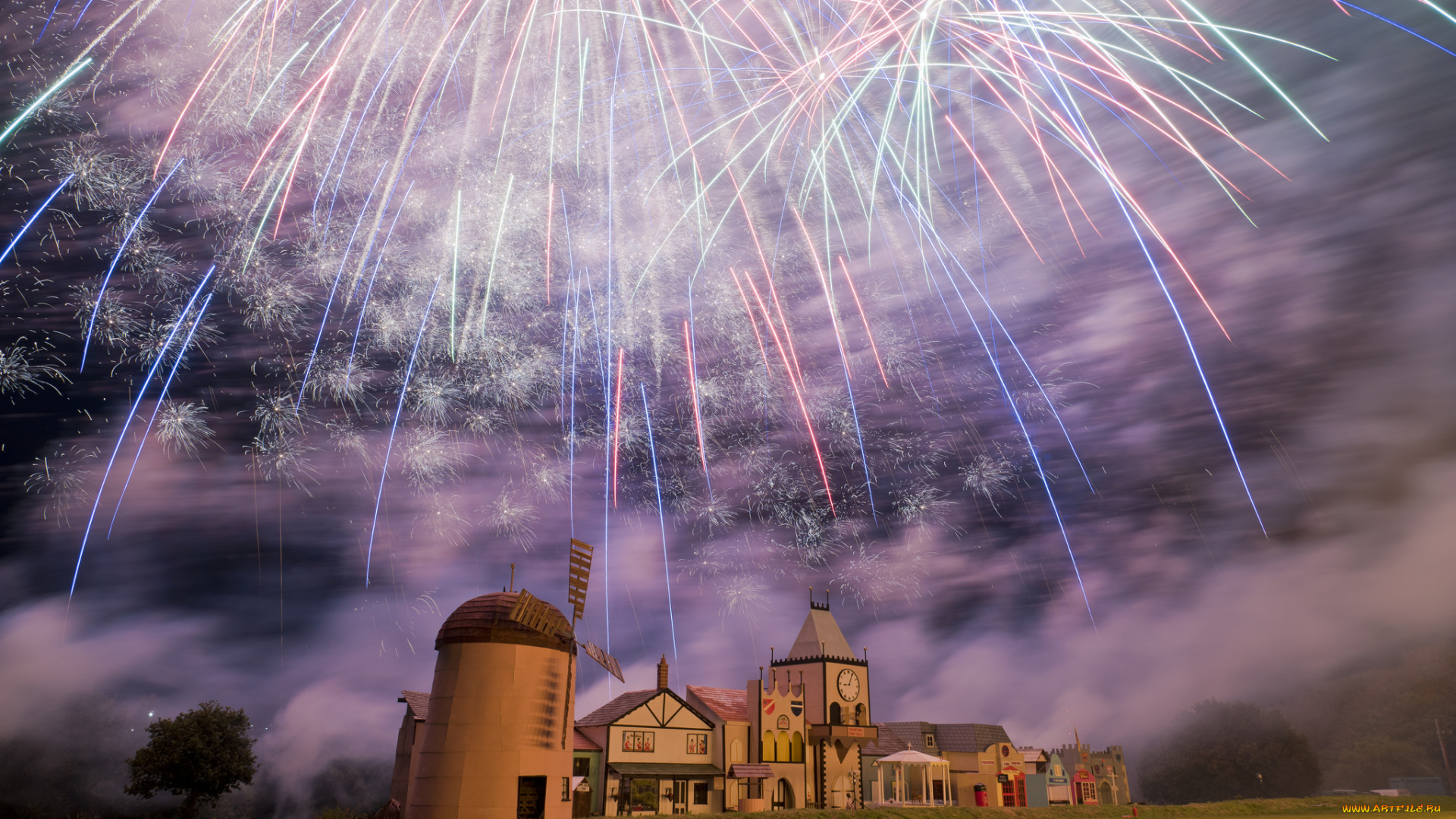 разное, салюты, , фейерверки, мельница, городок, салют, ночь