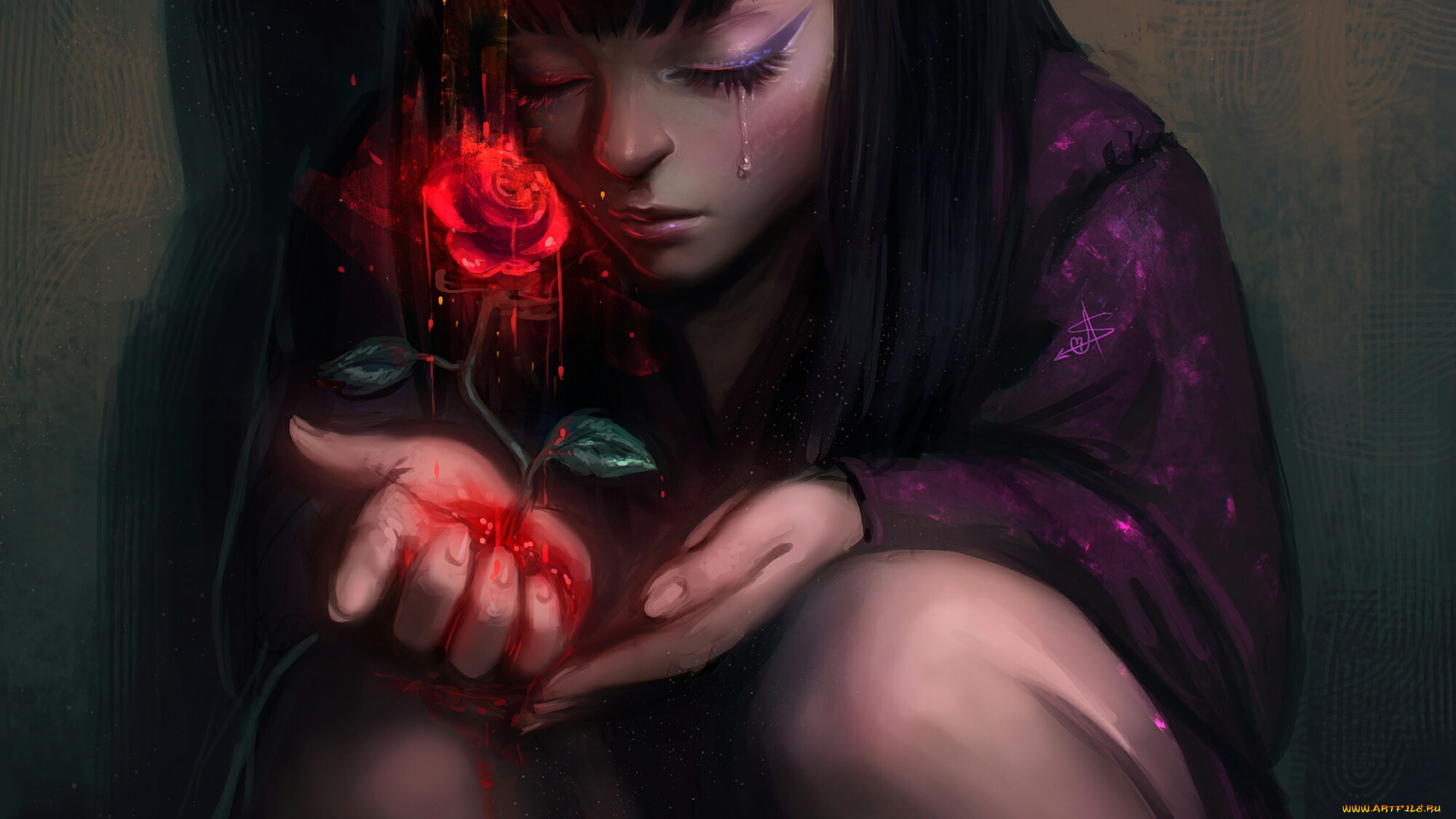 рисованное, люди, слёзы, девочка, роза, красная