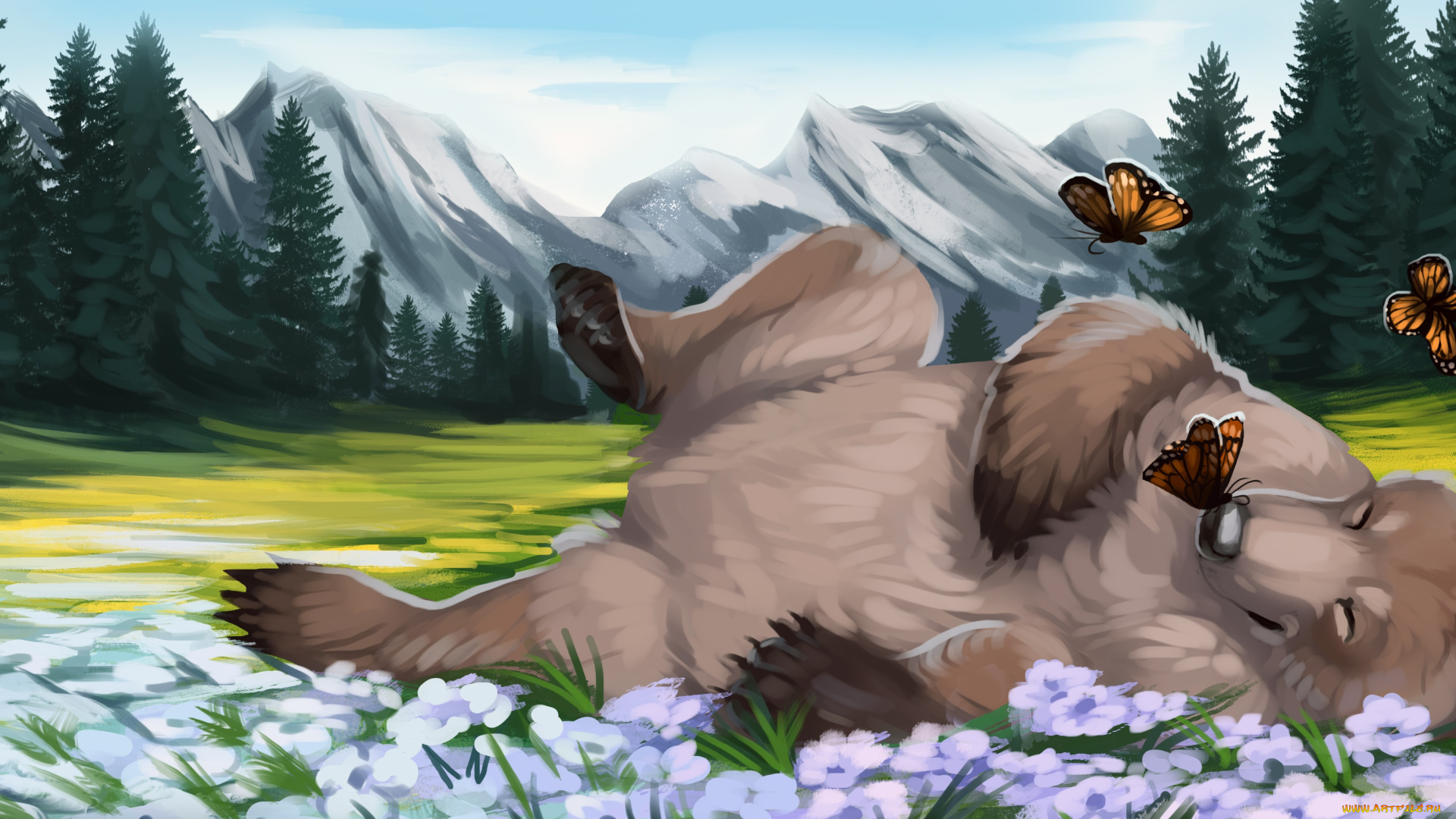 рисованное, животные, , медведи, цветы, поляна, медведь, лес, бабочки, горы