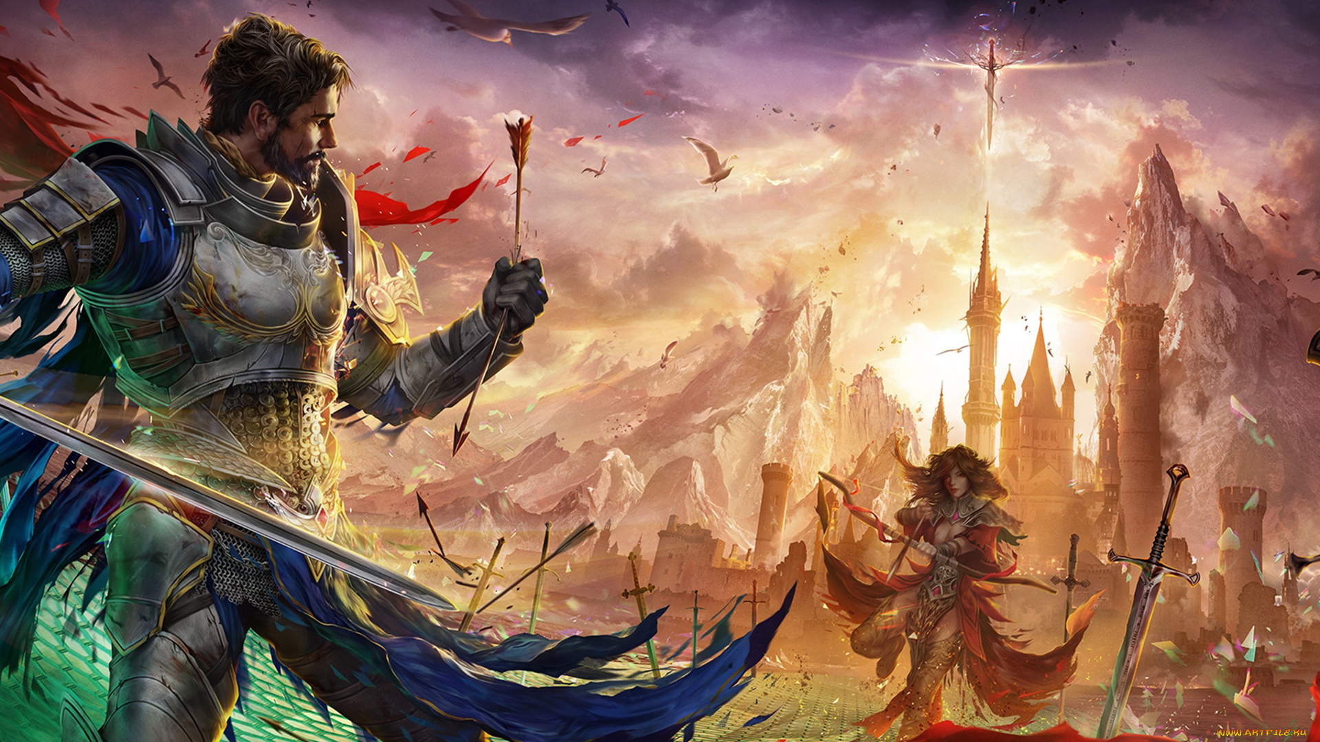 видео, игры, archeage, стрела, воин, меч, art, лучница, девушка, магия, фэнтэзи