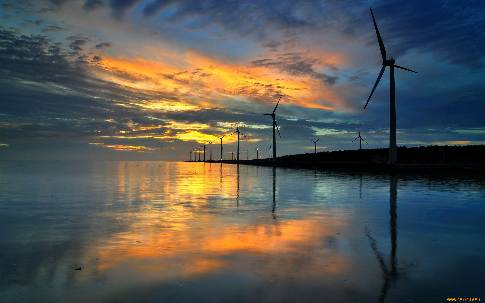 разное, мельницы, закат, облака, озеро