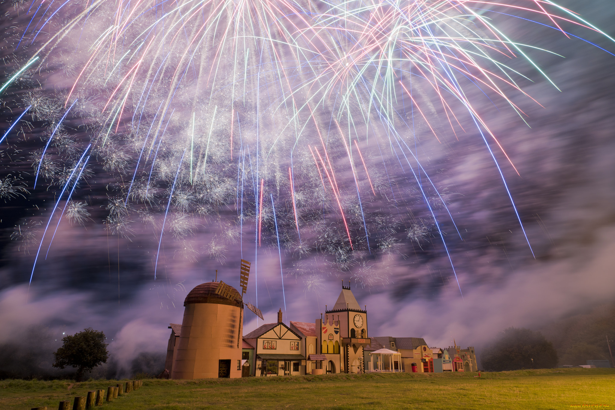 разное, салюты, , фейерверки, мельница, городок, салют, ночь