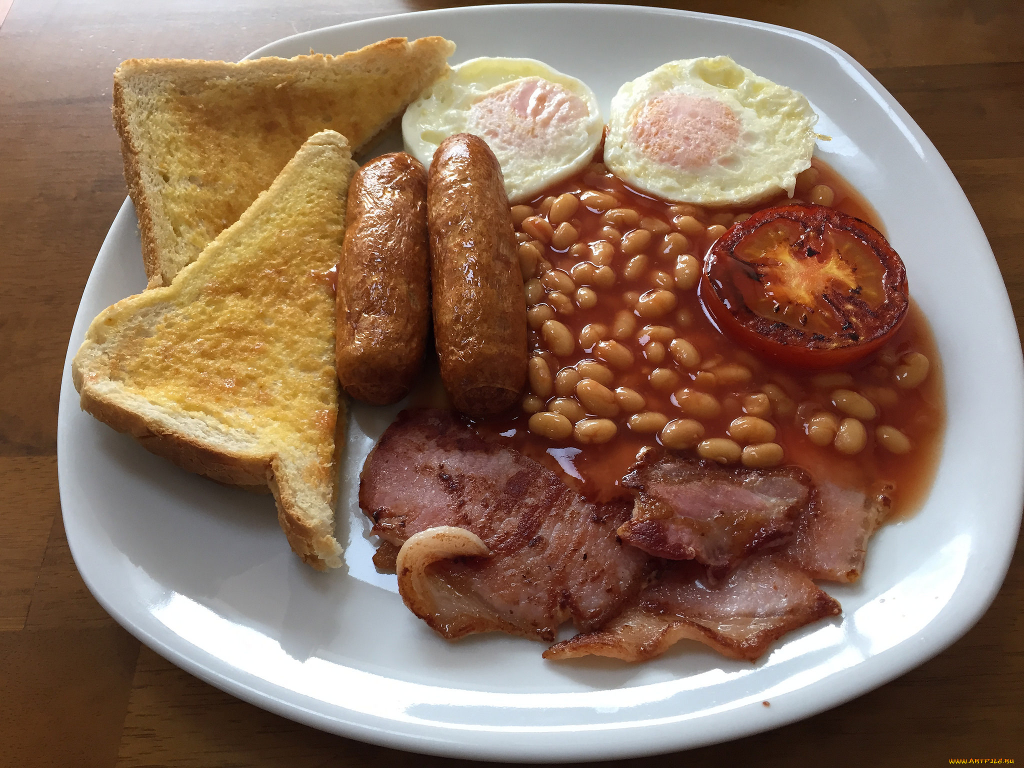 еда, вторые, блюда, колбаски, яйца, бекон, фасоль
