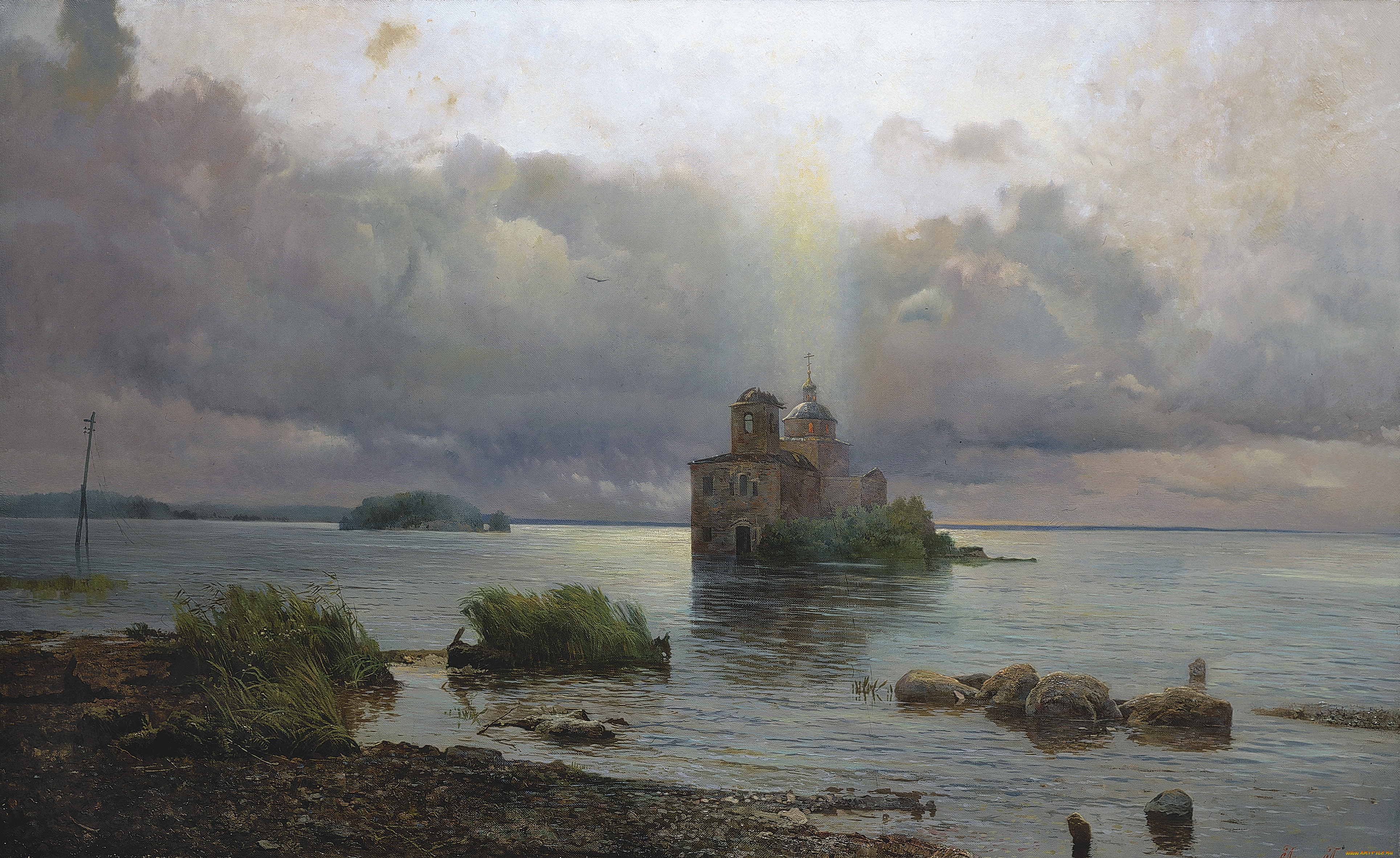 голгофа, русского, севера, рисованное, александр, афонин, монастырь, тучи, берег, камни, трава, озеро