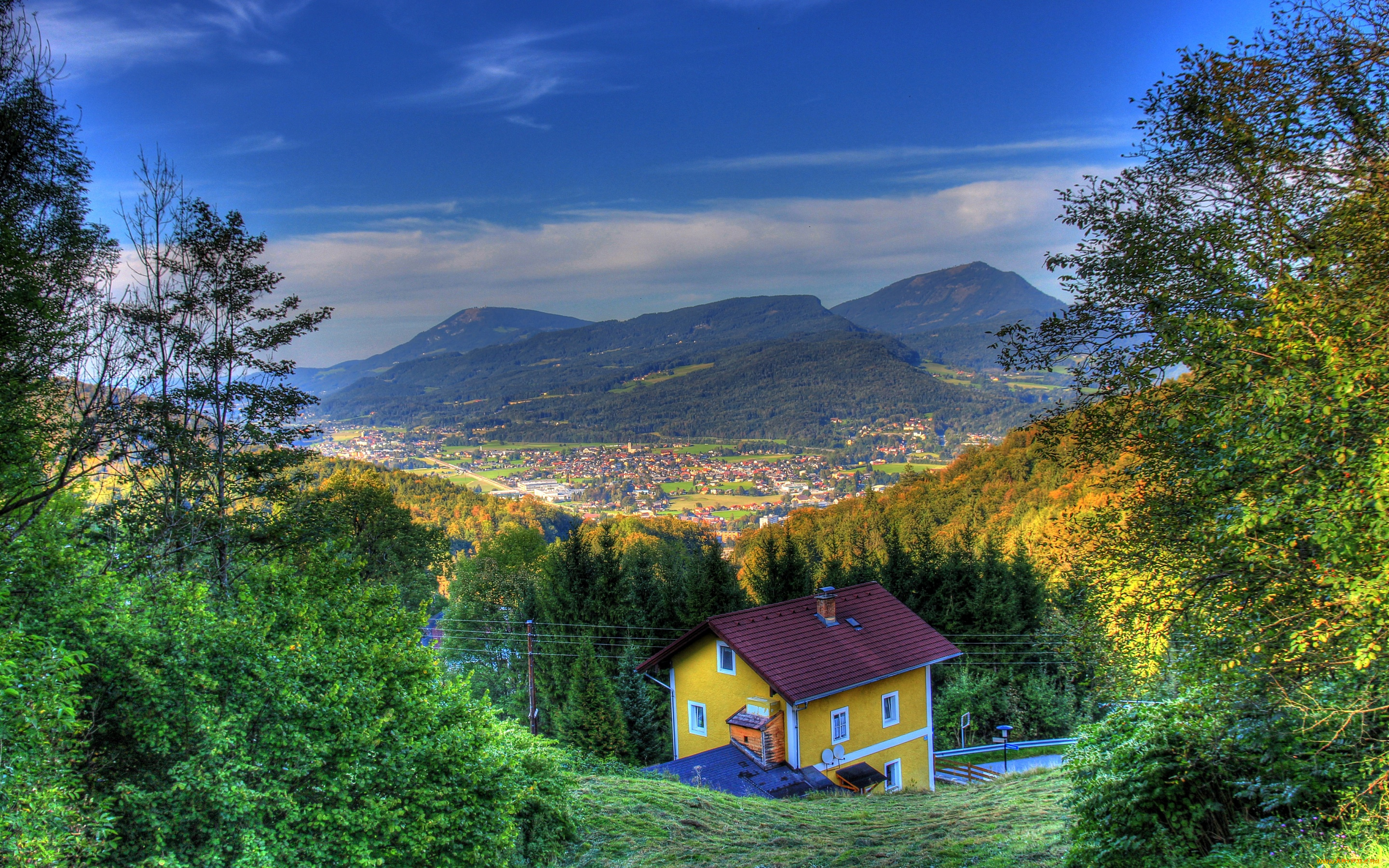 города, -, пейзажи, hdr, поля, горы, австрия, дома, панорама, hallein, солнце, небо, осень, леса
