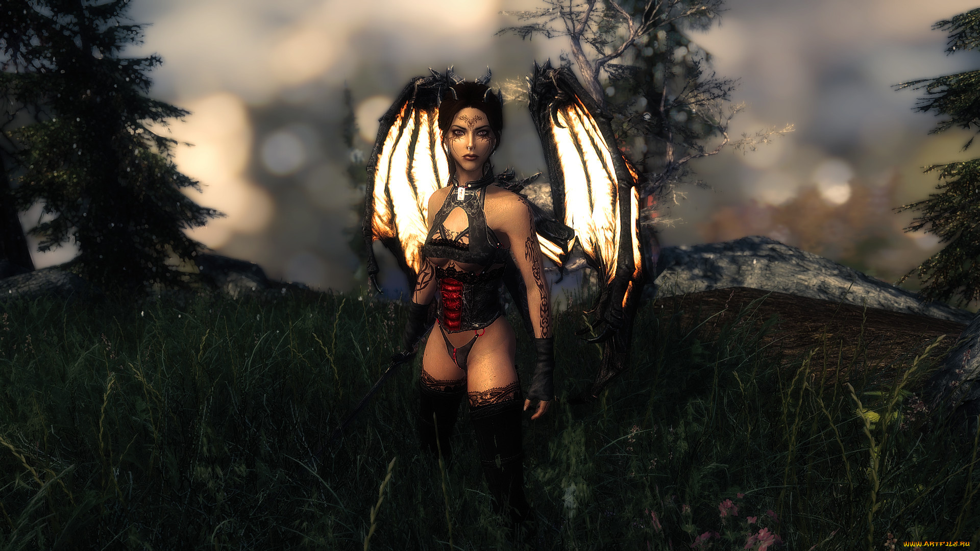 3д, графика, существа, , creatures, девушка, взгляд, демон, фон